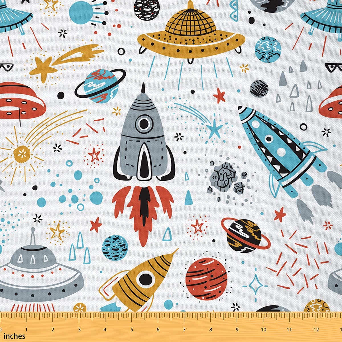 Outer Space Fabric by The Yard Kids Boys Space Ship Rocket Decorative Fabric Cartoon Universe Stars Planet Upholstery Fabric Cosmos Meteorite Outdoor Fabric,Patchwork Quilt Fabric for Sewing,1 Yard