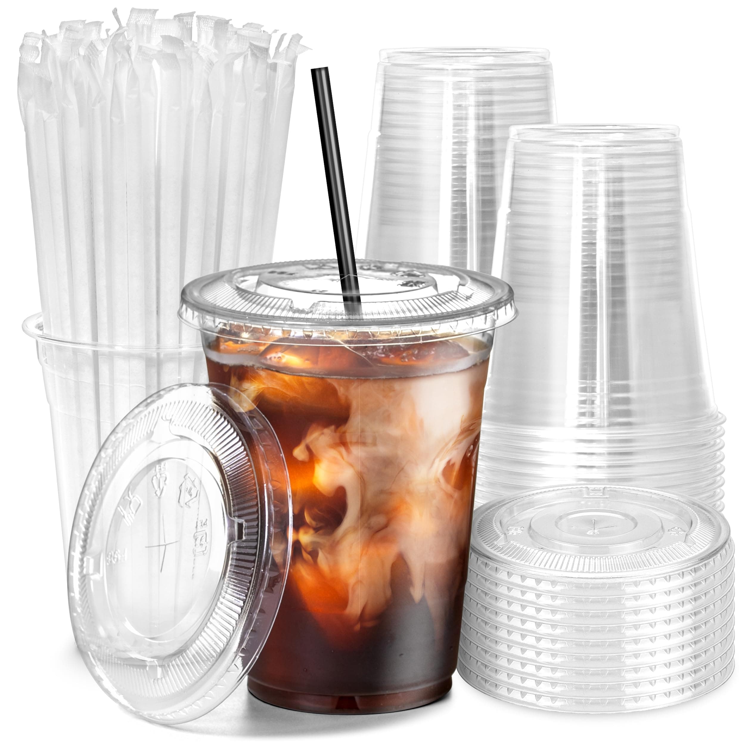 Fit Meal Prep 100 Pack 16 oz Plastic Iced Coffee Cups with Flat Lids and Black Straws, Disposable Clear Cup, BPA Free Cup for Party, Smoothie, Cold Drinks, Juice, Milkshake, Bubble Boba, Tea
