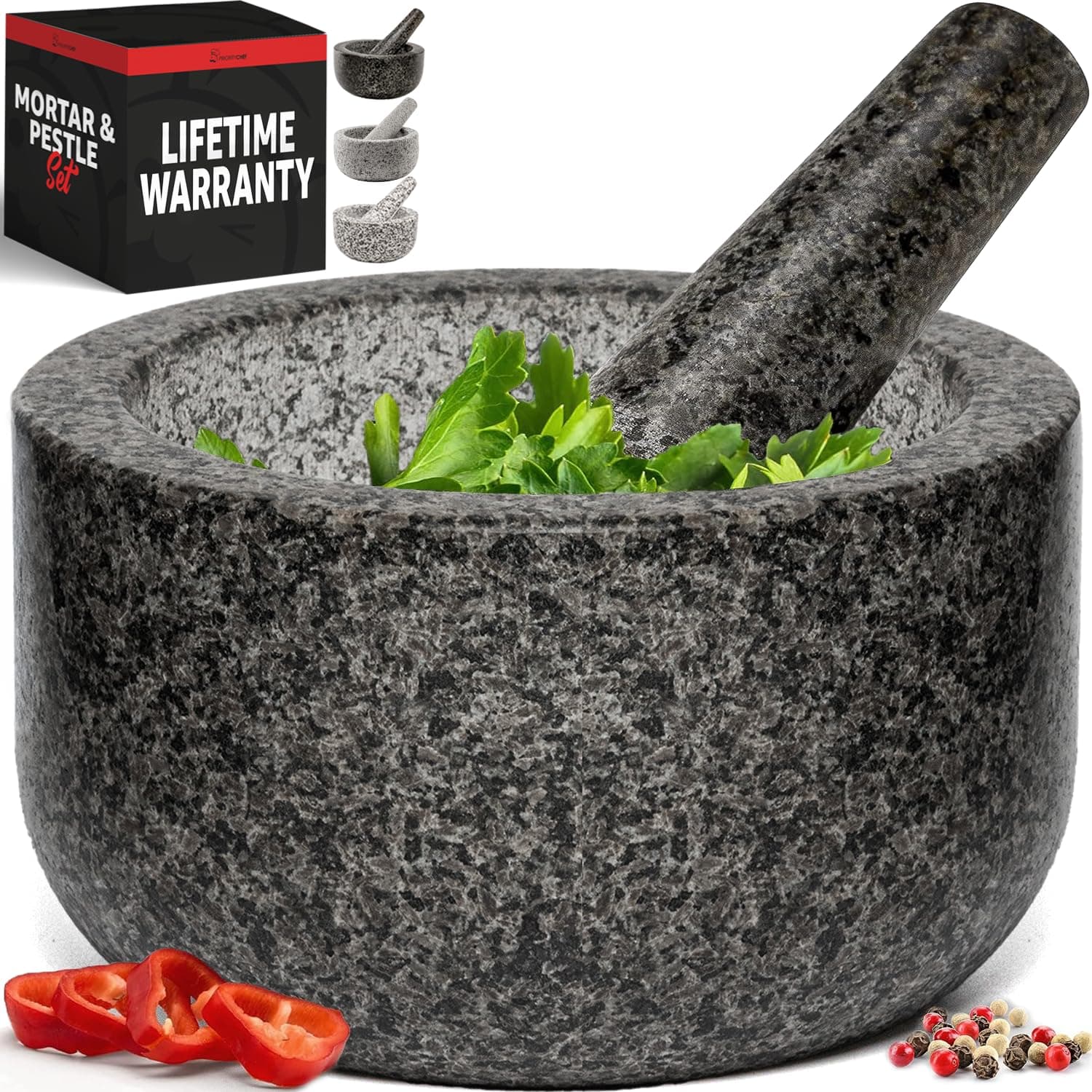 PriorityChef Heavy Duty Extra Large Mortar and Pestle Set, Hand Carved from Natural Granite, Make Fresh Guacamole, Salsa, Pesto, Stone Grinder Bowl, Herb Crusher, Spice Grinder, 4 Cup, Black