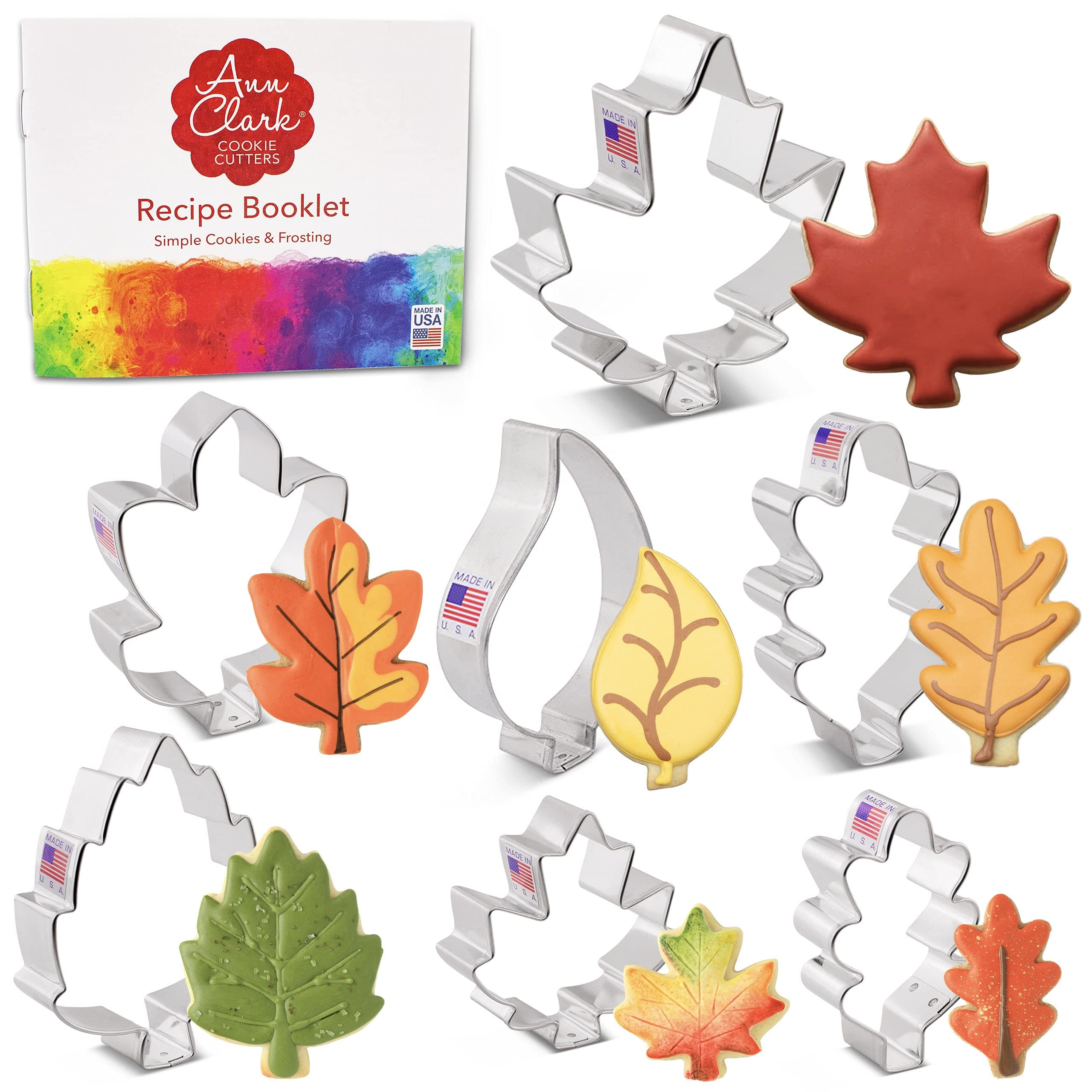Ann Clark Fall Leaves 7-Pc. Cookie Cutter Set, Made in USA, Birch, Maple, Oak, Hawthorn and Teardrop Leaves