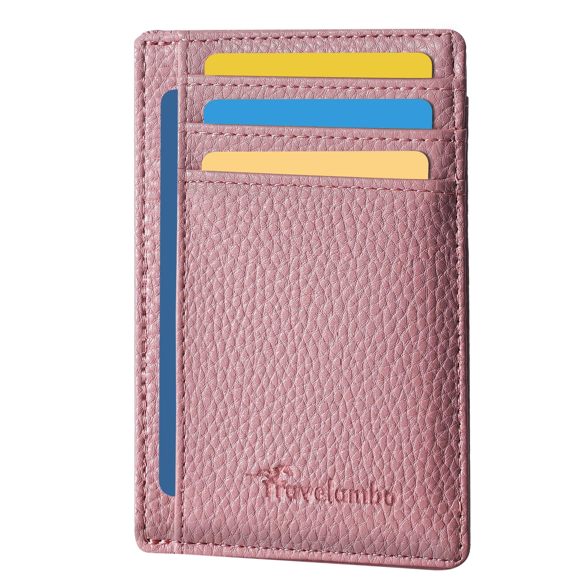 Travelambo Front Pocket Minimalist Leather Slim Wallet RFID Blocking Medium Size, Litchi Pink, Minimalist