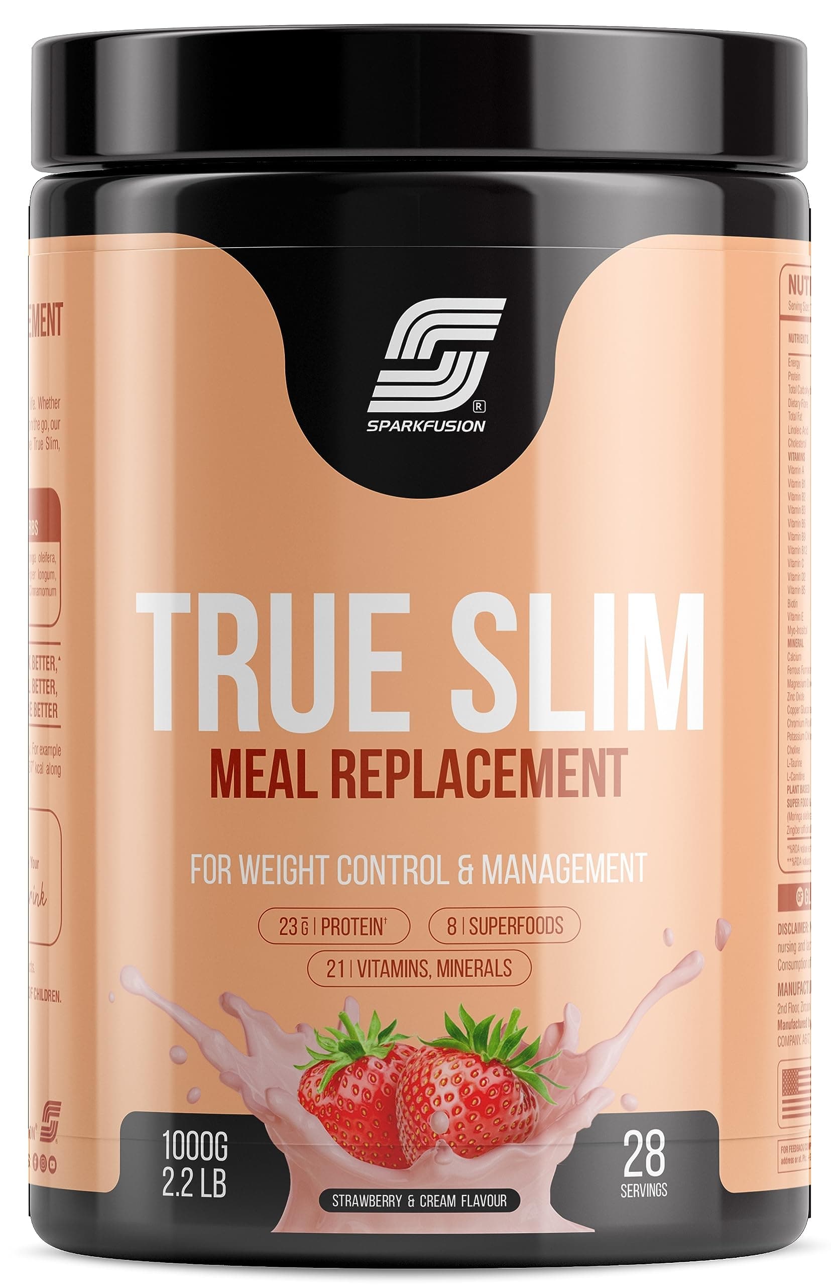 Sparkfusion True Slim Protein Powder Meal Replacement Shake | For Weight Control And Management |23 gm Protein With 8 Ayurvedic Superfood | Sugar Free | For Men and Women (Strawberry & Cream, 1000 g)