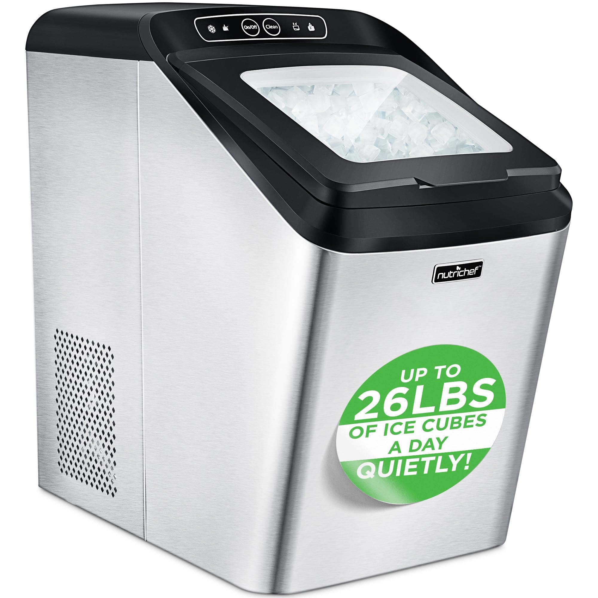 NutriChef Countertop Nugget Ice Maker Machine - Electric Nugget Ice Maker Countertop with Ice Scoop and Basket, Includes Rear-Mounted Hose Drainage, Compact, Convenient, and Incredibly Fast - NCICNUG
