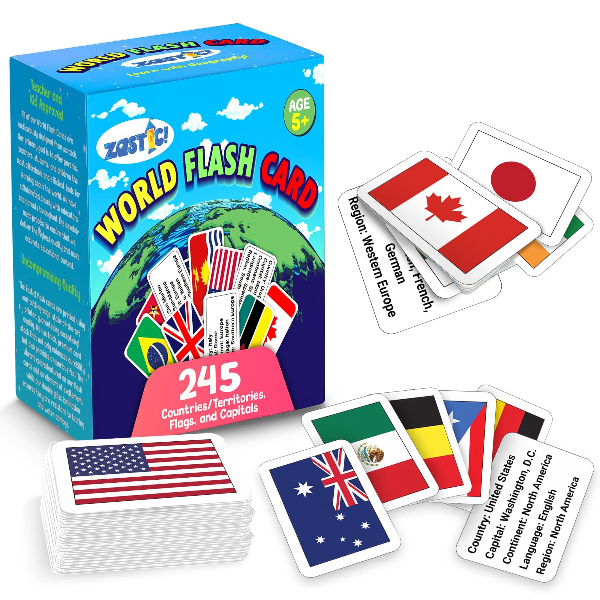 World Flags Flash Cards - 245 Flags, Capitals, Languages & Continents - Glossy Laminated - World Flags Flash Cards - Country Flash Cards - Geography Kids Flash Cards