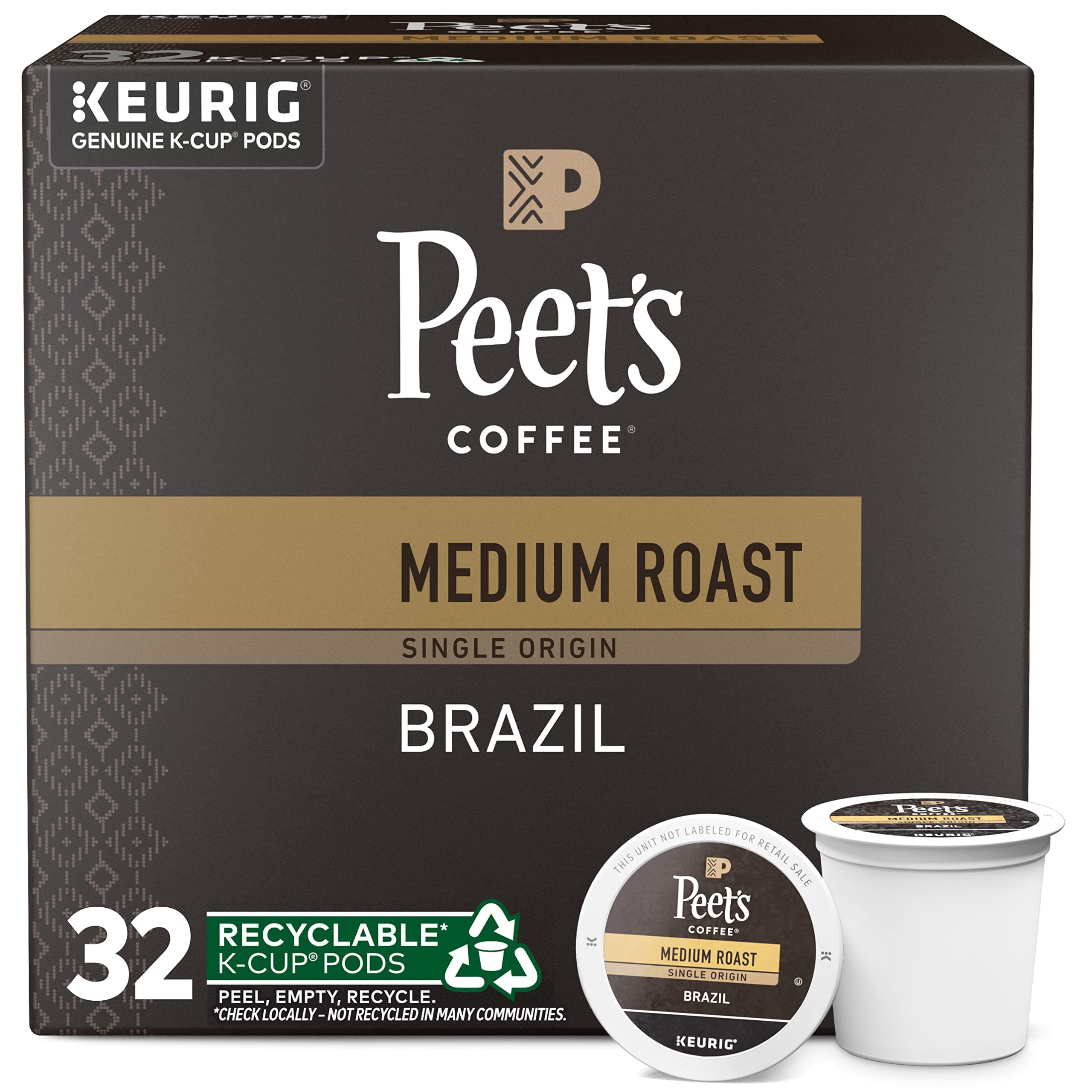 Medium Roast Keurig K-Cup Pods - Single Origin Brazil 32 Count (1 Box of 32 K-Cup Pods)