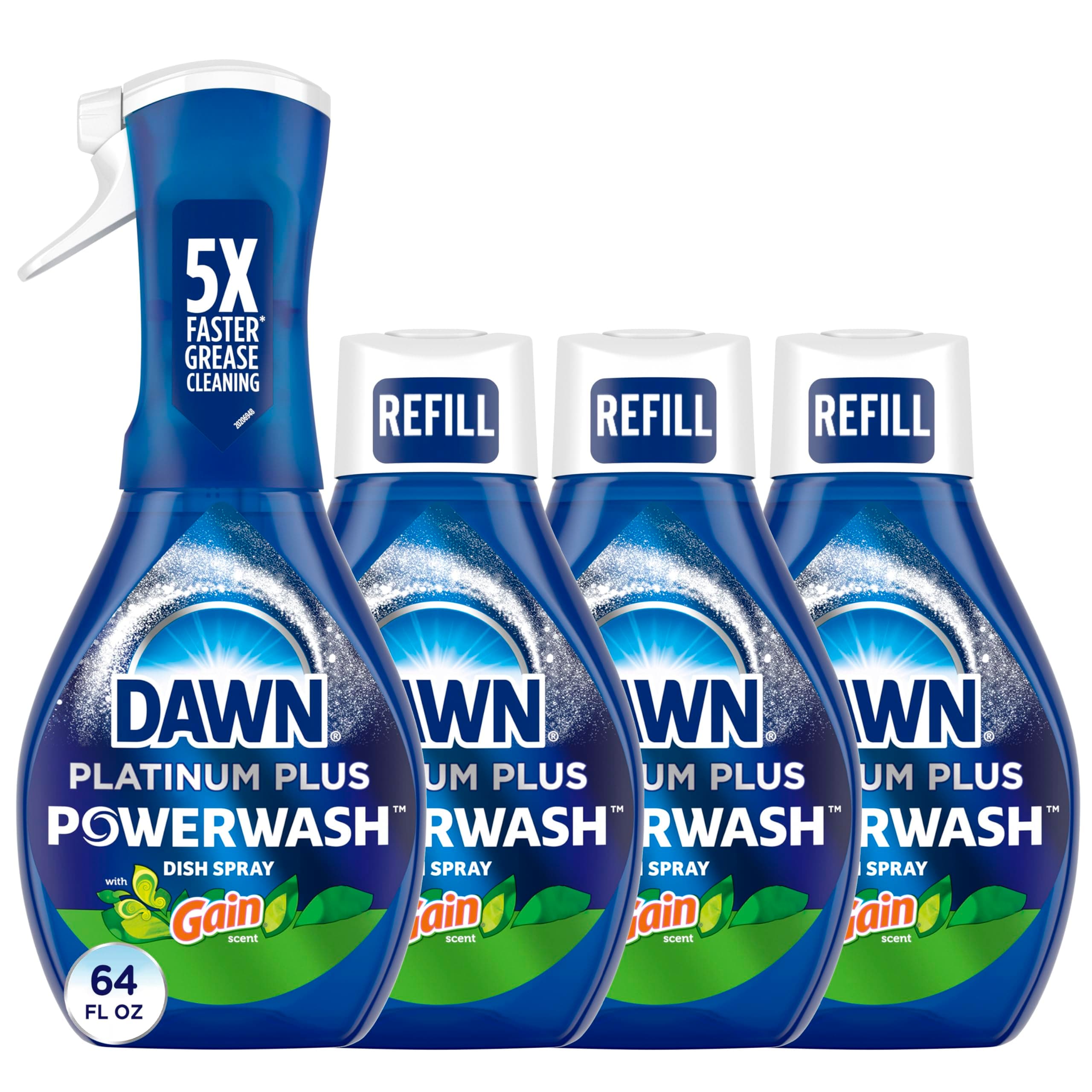 Powerwash Gain Original Dish Spray, Liquid Dish Soap, Dish Soap Refill, , 1 Starter Kit + 3 Refills, 64 Fl Oz Total (16 fl oz/bottle)