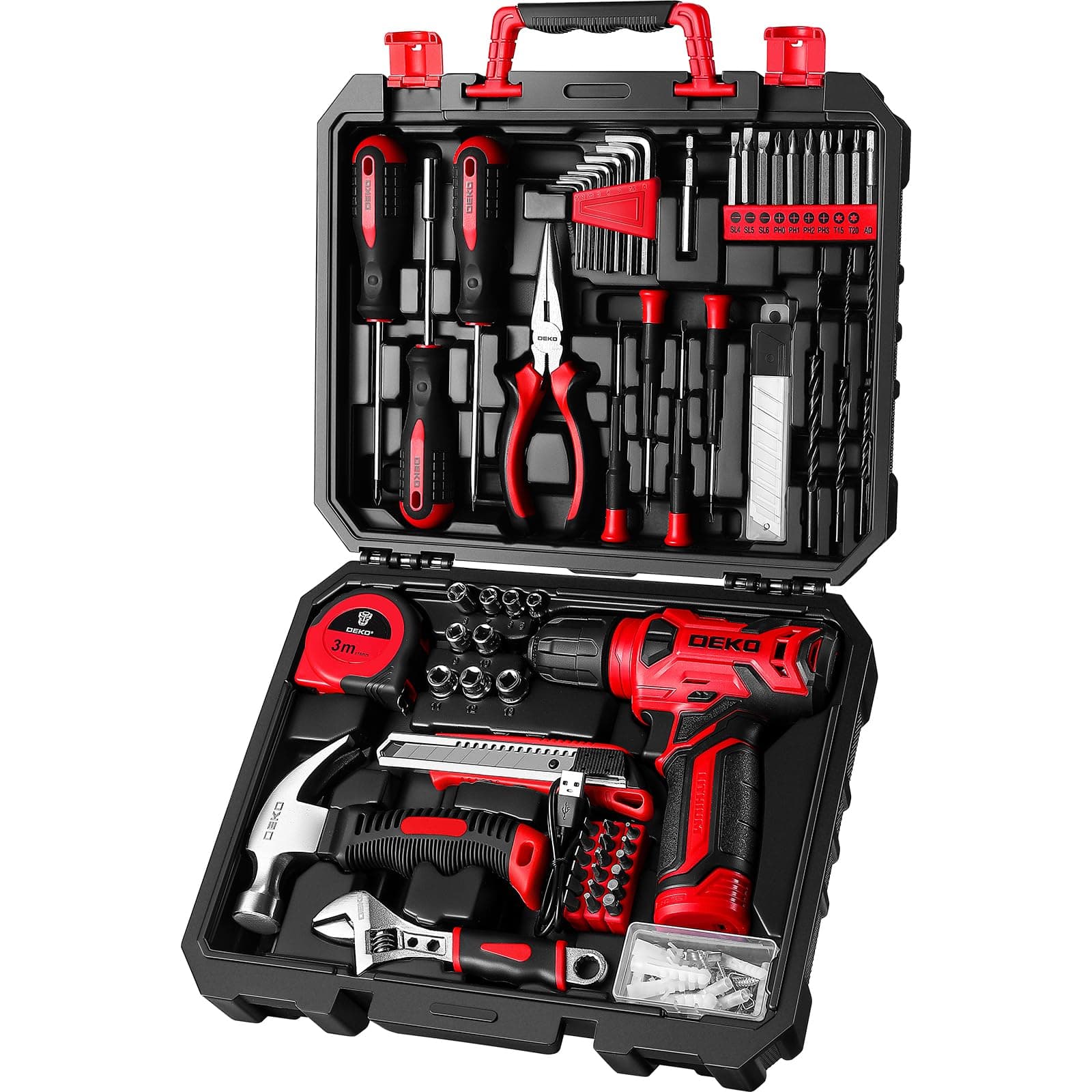 DEKOPRO - 8V Red Cordless Drill Tool Set, Home Tool Kit with Drill, Hand Tool Kits for Women, 126 Pieces