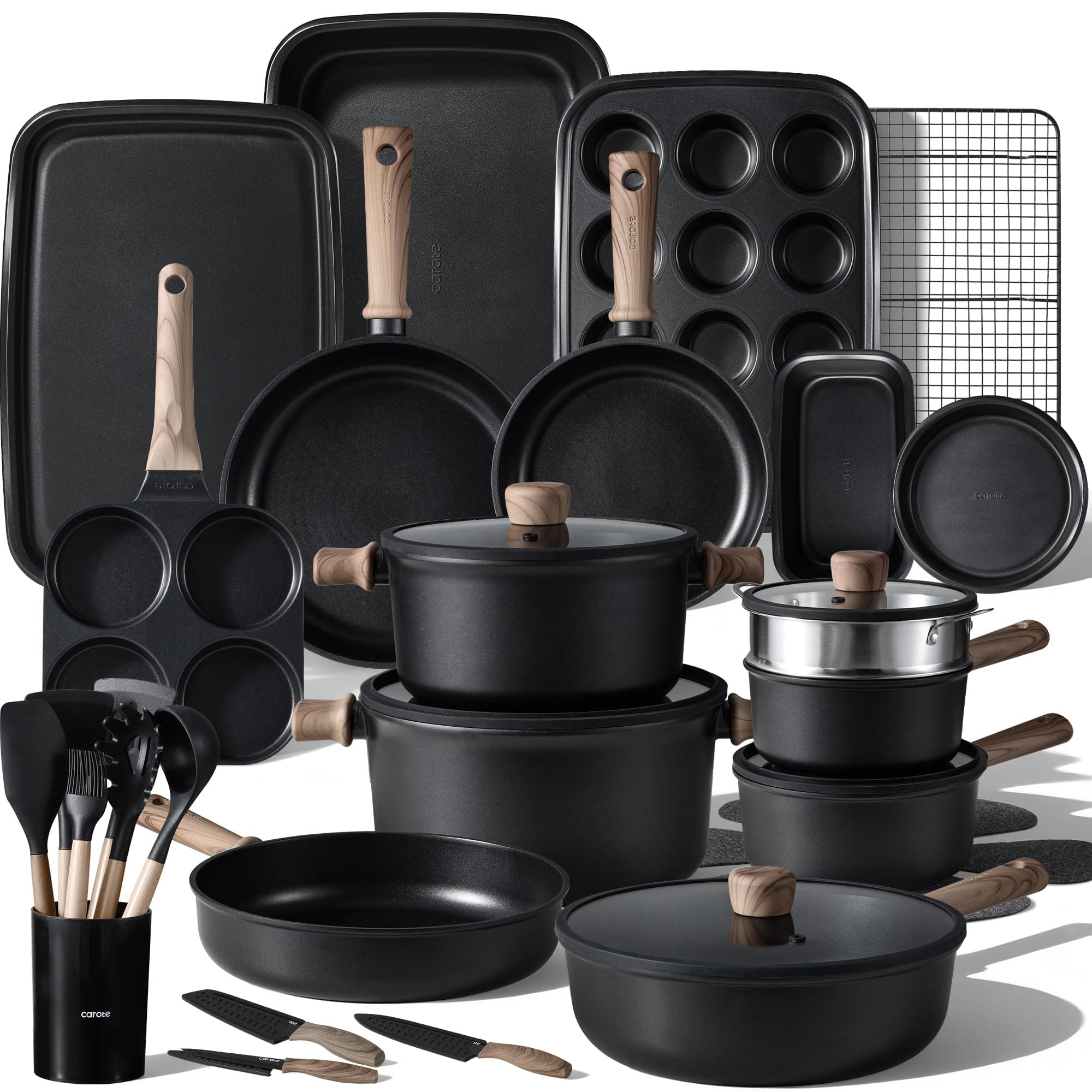 CAROTE 44pcs Nonstick Kitchen Cookware Sets, Nonstick Pots and Pans, Induction Cookware Set Kitchen Cooking Sets, Non Stick w/Frying Pan,Black