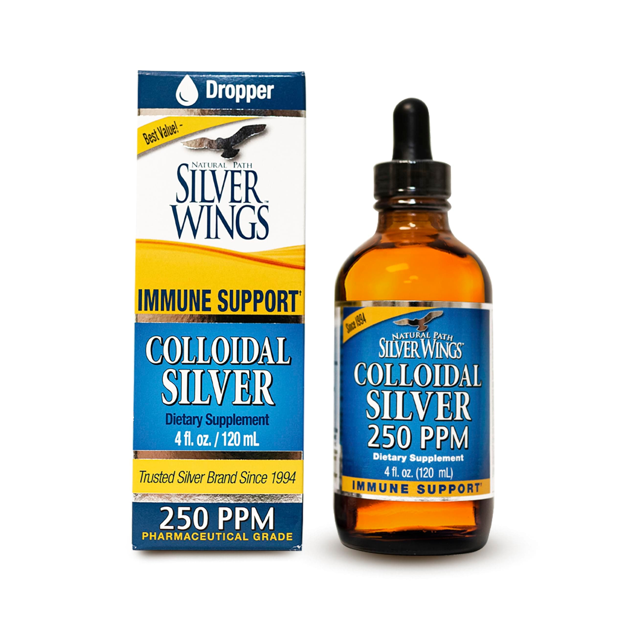 Colloidal Silver Liquid - Enhanced Immune Support Supplement - 250ppm (1250mcg) - 4oz Dropper