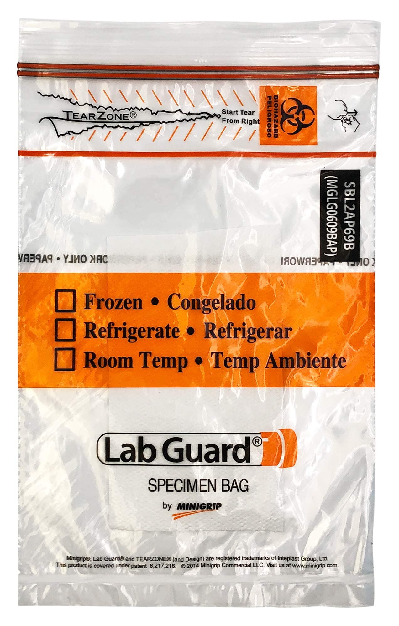 Lab Guard SBL2AP69B Polyethylene (LDPE/LLDPE Blend) Specimen Bag with TearZone and Absorbent Pad, Destroyable Biohazard Symbol 50 bags (Pack of 20)