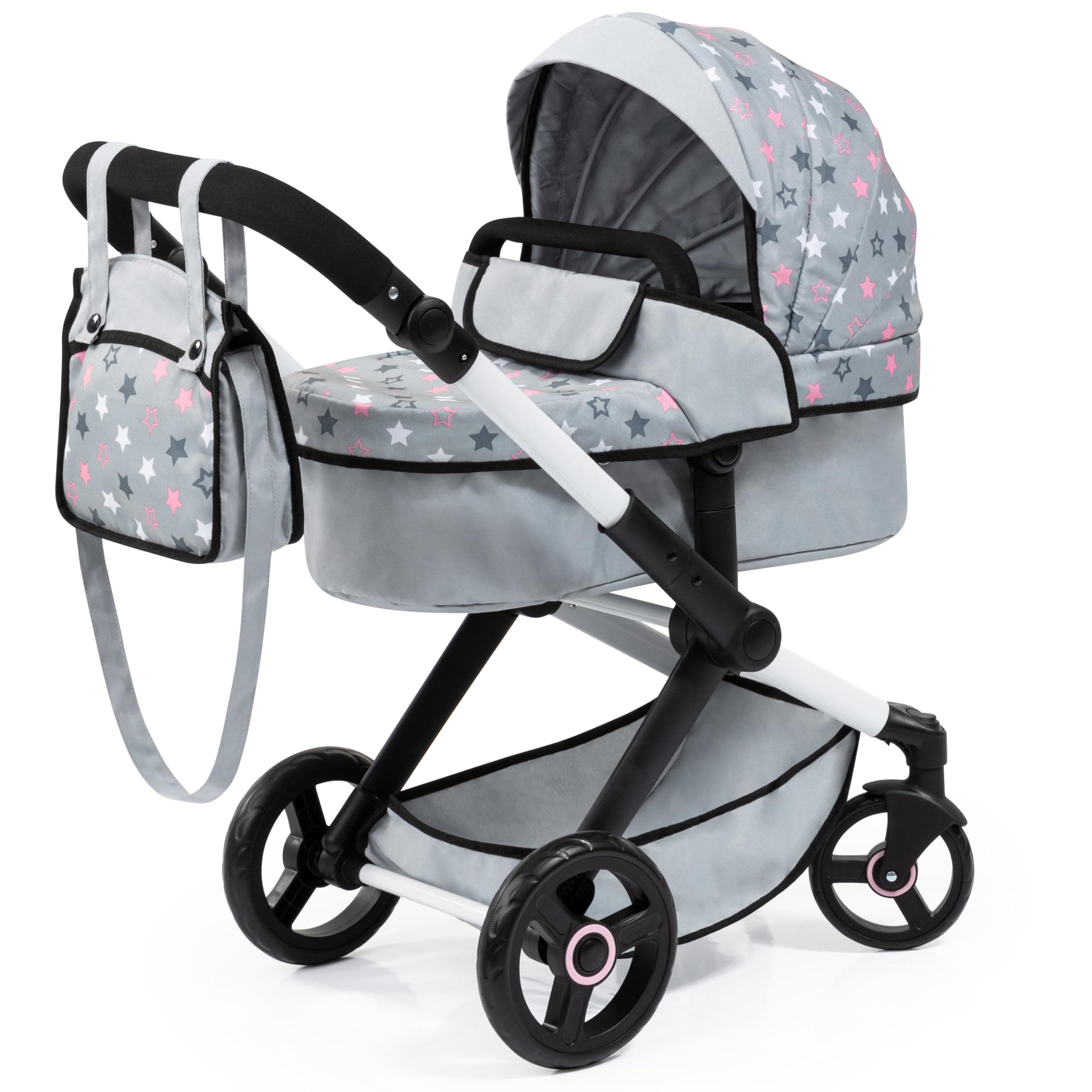 17007AA Combi dolls pram Xeo, stroller, height-adjustable handle, convertible, bag,Grey, Pink, Star,Medium
