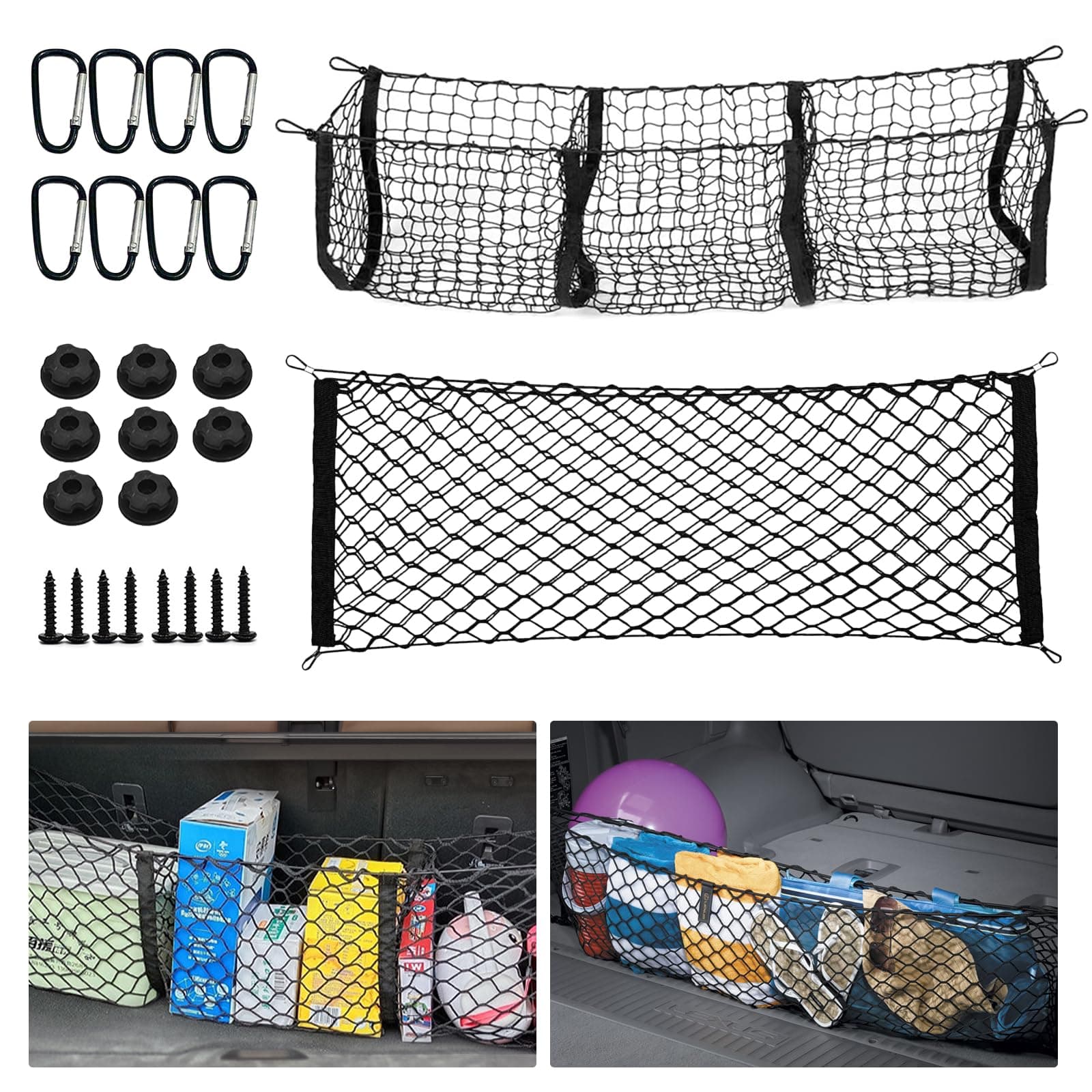 2 Truck Bed Extender, SUV Trunk Organizer Cargo Net Set, Universal Elastic mesh Trunk Bag Interior Accessory Storage Large Double-Layer net and Three-Pocket net with Hooks
