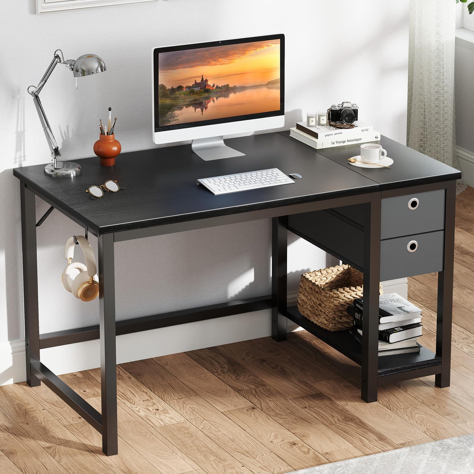 SMUG Computer Desk with Storage Drawers, Small Office Desk Modern Simple Study Writing Table for Home Bedroom, Spacious 40X24 Desktop with 2-Tier Drawer, Black