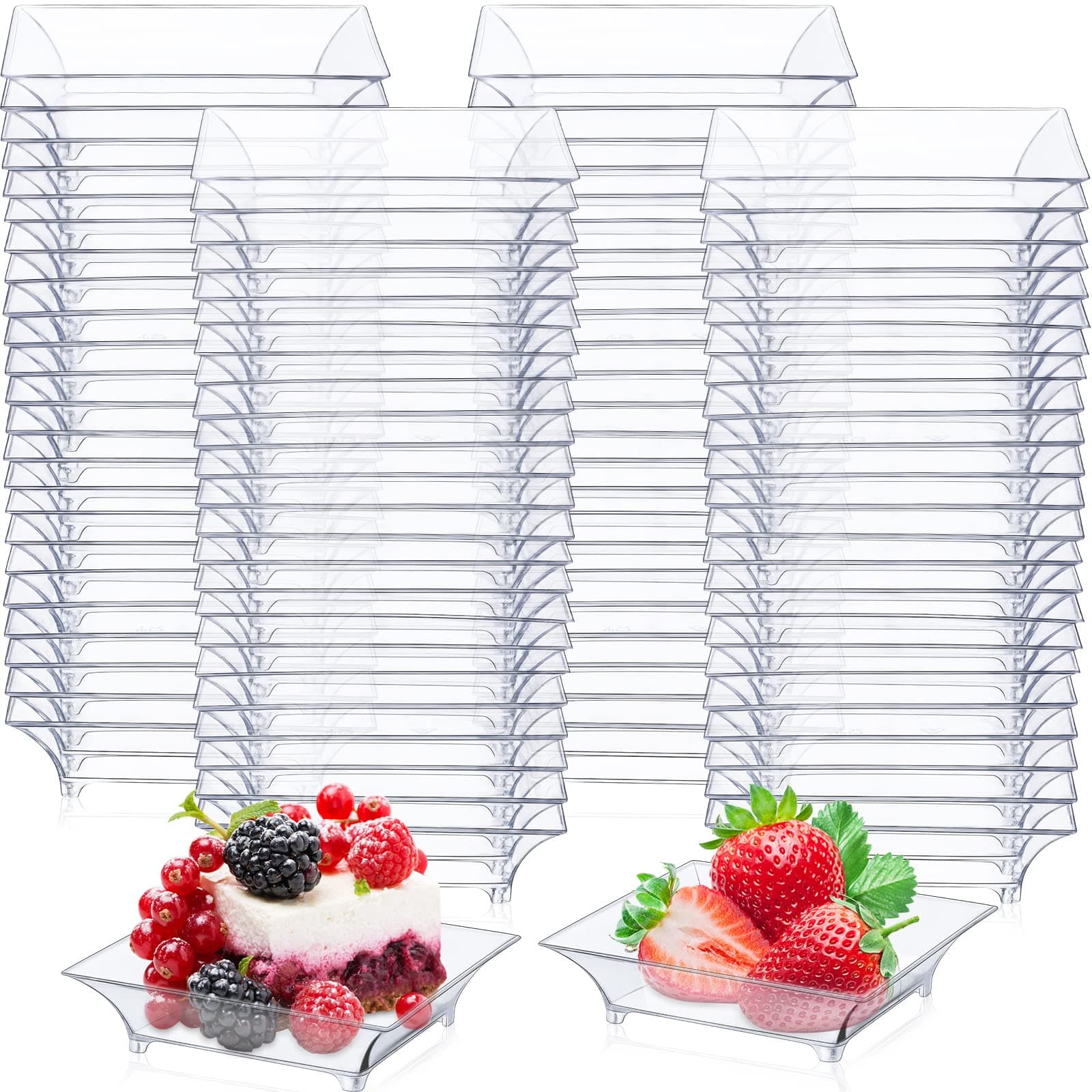 Mimorou 300 Pcs Mini Clear Dessert Plates 1oz Disposable Appetizer Trays Bulk Small Square Plastic Dish for Party Birthday Wedding Tasting Serving Cake Salad Ice Cream Fruit Sauce Snack, 2.4 Inch