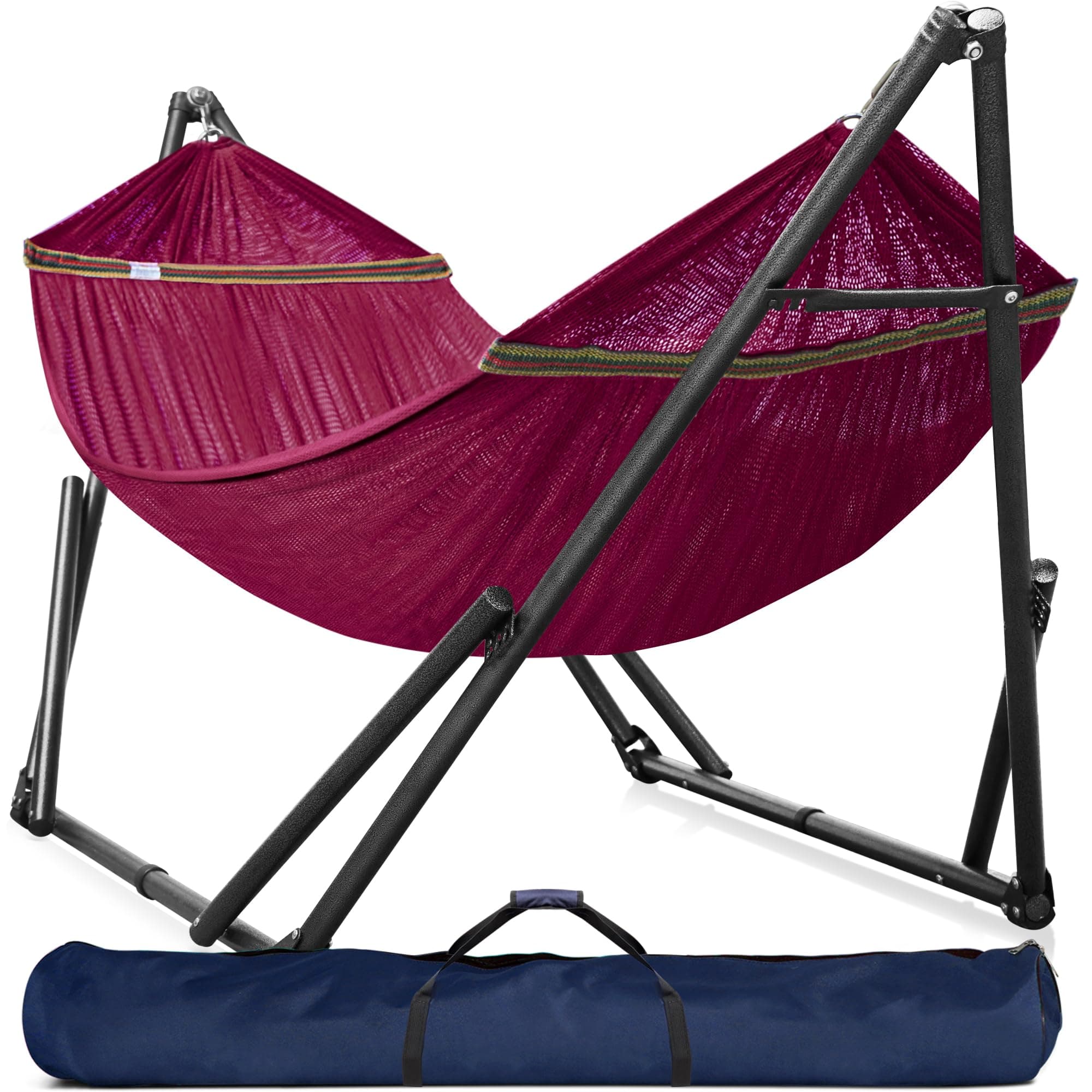 Tranquillo Universal Double Hammock with Stand Included for 2 Persons/Foldable Hammock Stand 600 lbs Capacity Portable Case - Inhouse, Outdoor, Camping, Red