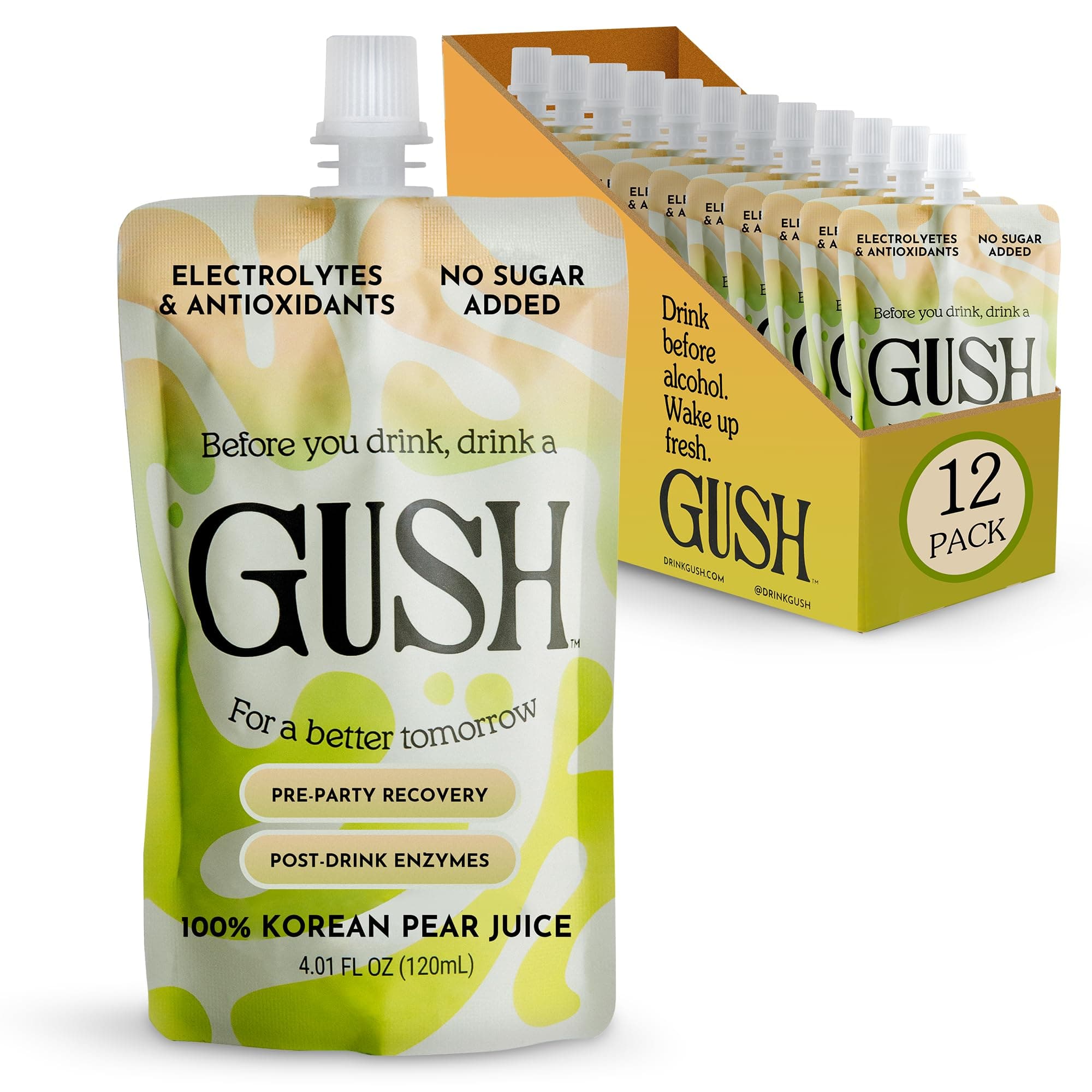 GUSH Pre-Drink Korean Pear Drink - (12 Pack) Pear Hydration Pouch with Enzyme Activation - Prevent Drinking Aftereffects - All Natural, Gluten-Free