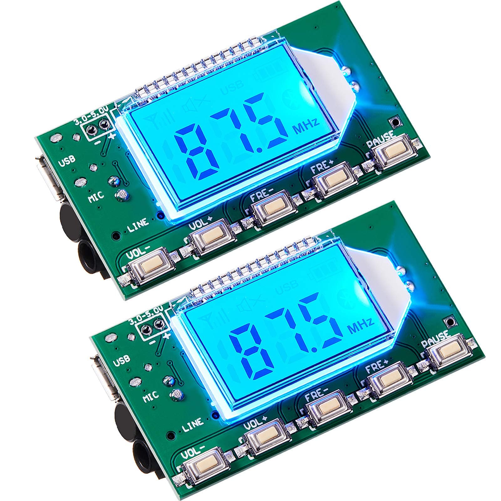 Weewooday 2 Pieces Digital FM Transmitter Module Stereo FM Transmitter DSP PLL 76.0-108.0MHz Stereo Frequency Modulation with LCD Display Line/USB/Mic Input, DC 3.0V - 5.0V