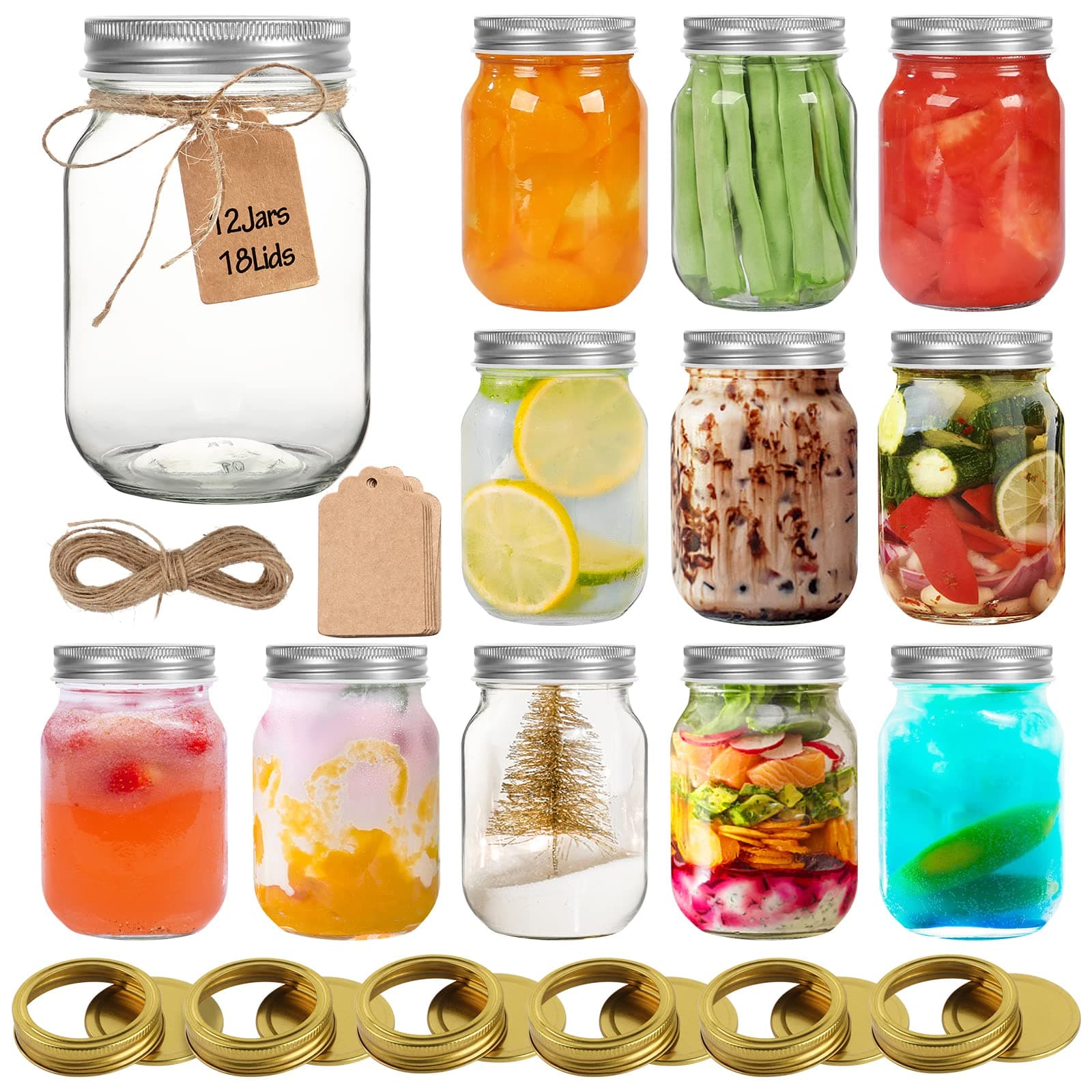 16 oz Wide Mouth Mason Jars 12 Pack, Glass Canning Jars with Airtight Lids, Durable & Leakproof Jars for Pickling, Jam, Jelly, Salad - Reusable Storage Containers for DIY Spice Jars, Overnight Oats