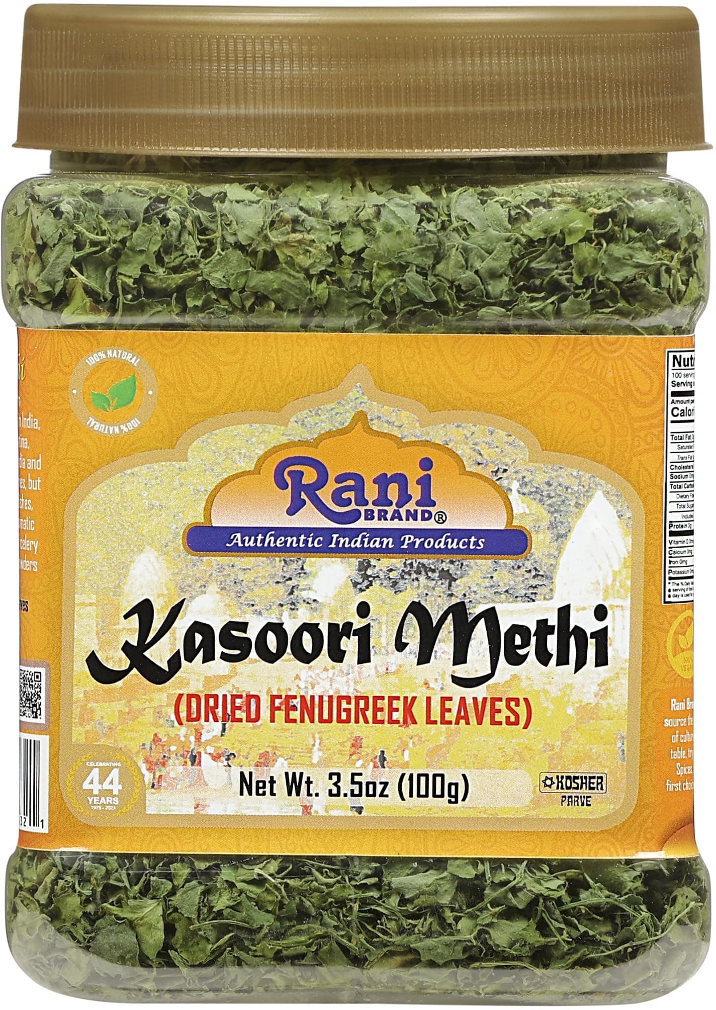 Rani Fenugreek Leaves Dried (Kasoori Methi) 3.5oz (100g) PET Jar ~ All Natural | Vegan | Gluten Friendly | NON-GMO | Kosher | Indian Origin
