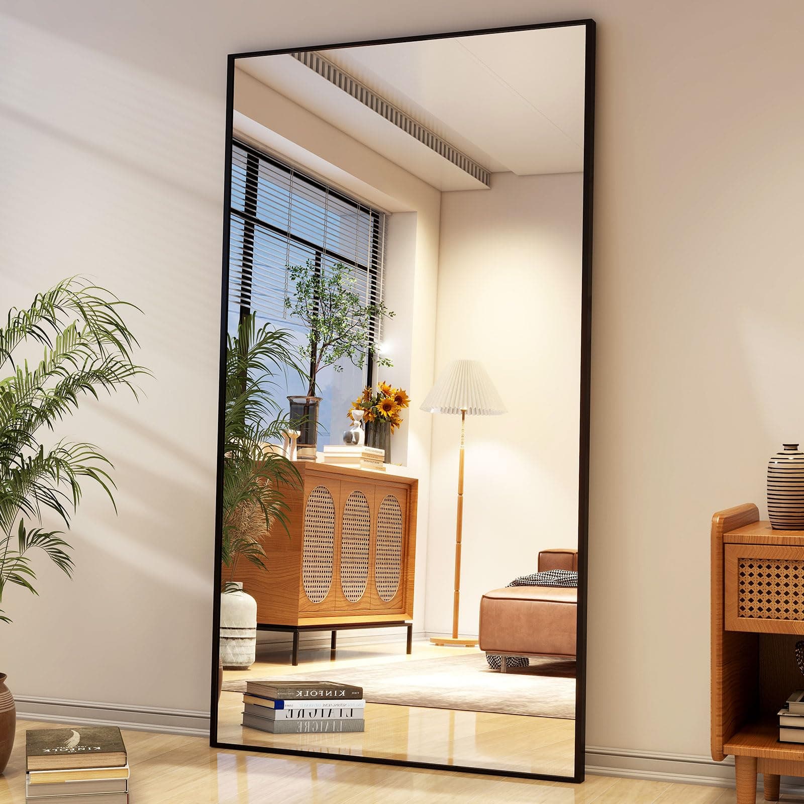 34"x76" Full Length Mirror with Stand, Large Rectangular Floor Mirror for Bedroom, Living Room or Closet, Wall-Mounted or Freestanding, Black Aluminum Alloy Frame