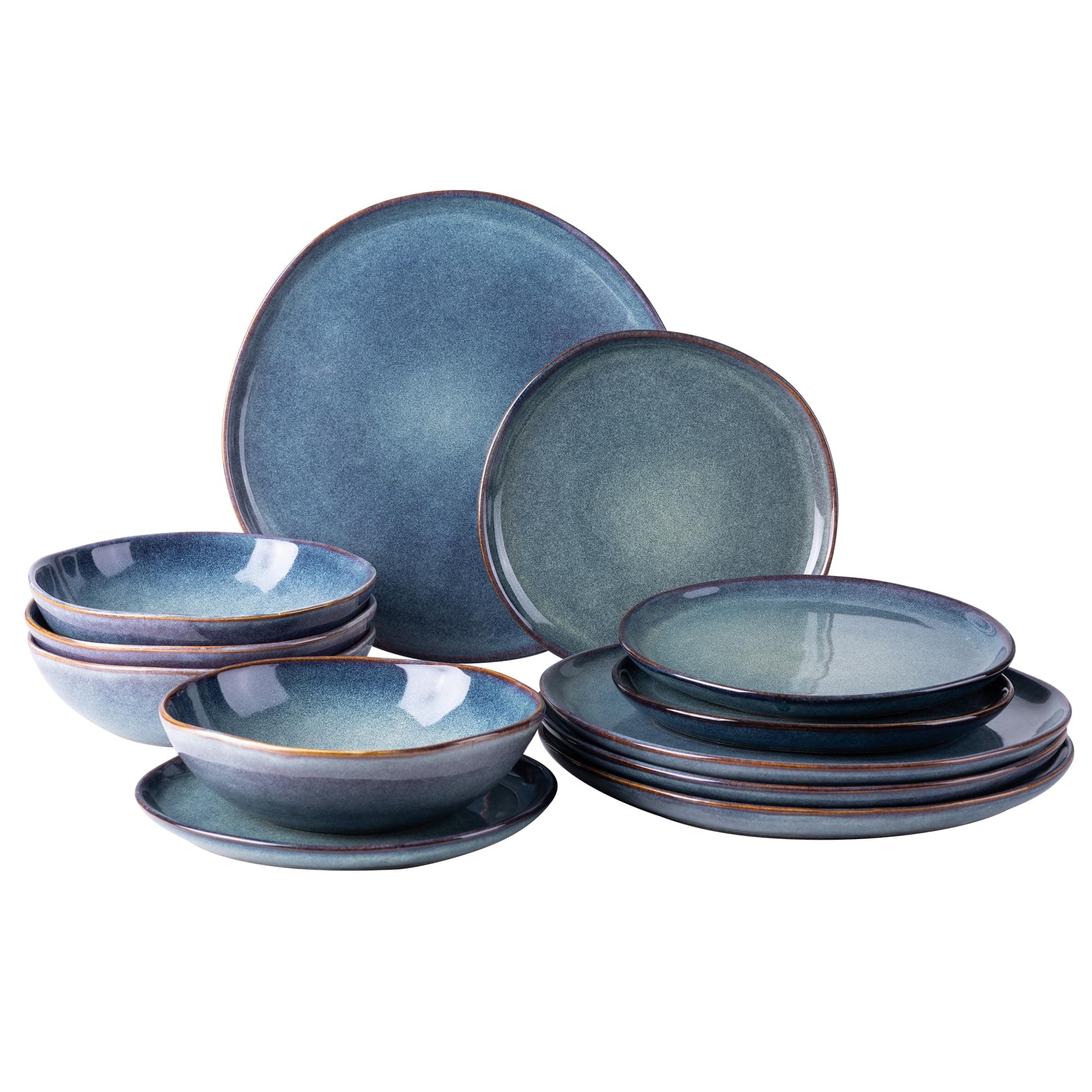 AmorArc Ceramic Dinnerware Sets,Handmade Reactive Glaze Stoneware Plates and Bowls Set,Highly Scratch Resistant | Dishwasher & Microwave Safe,Service for 4 Dishes Set - Reactive Blue(12pc)