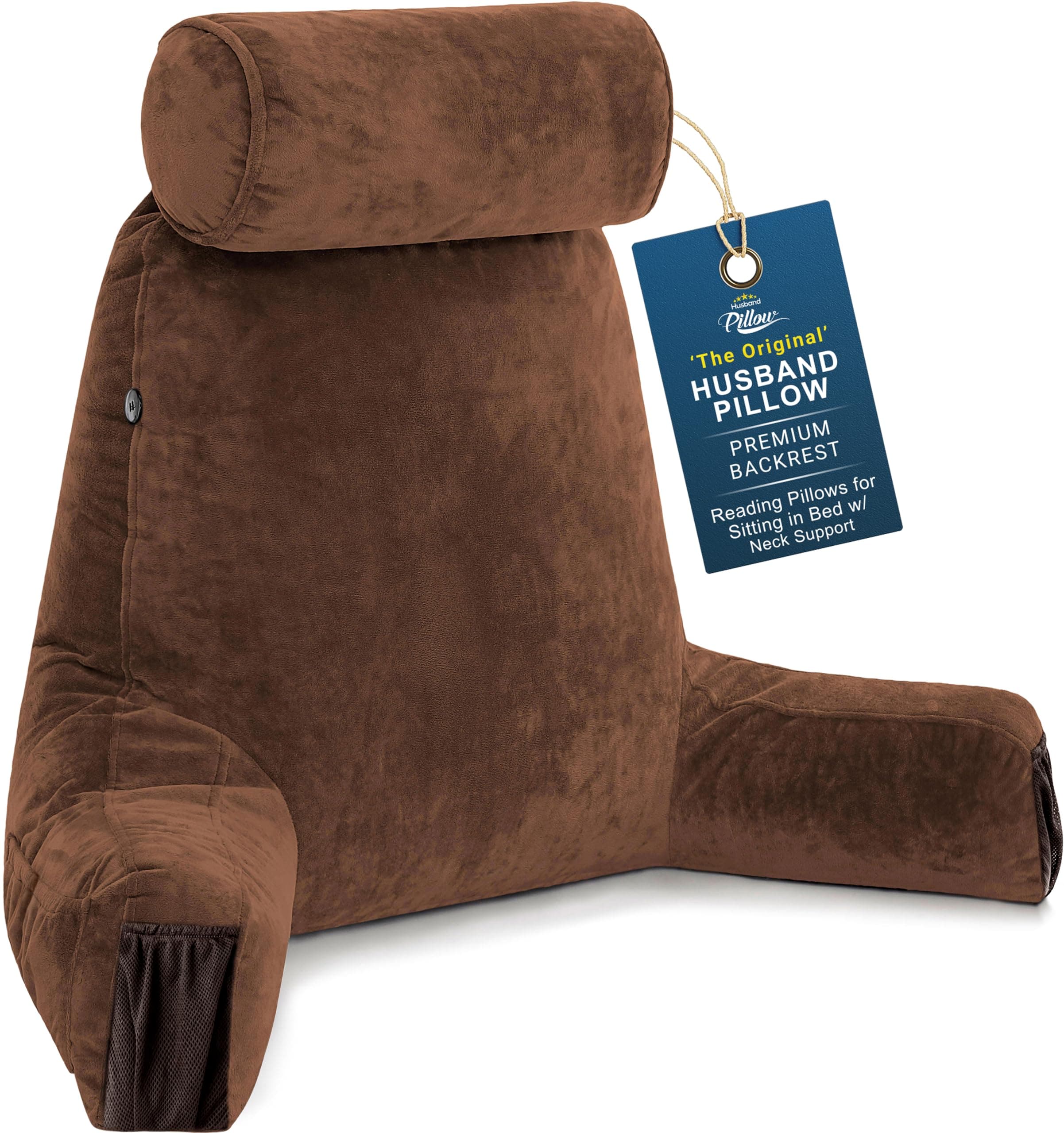 Husband Pillow Medium Reading Pillow with Arms - 23" Backrest for Sitting Up in Bed - Firm Support Bed Rest Pillow for Adults, Neck Roll, Removable Cover - TV, Reading, Lounging - Chocolate