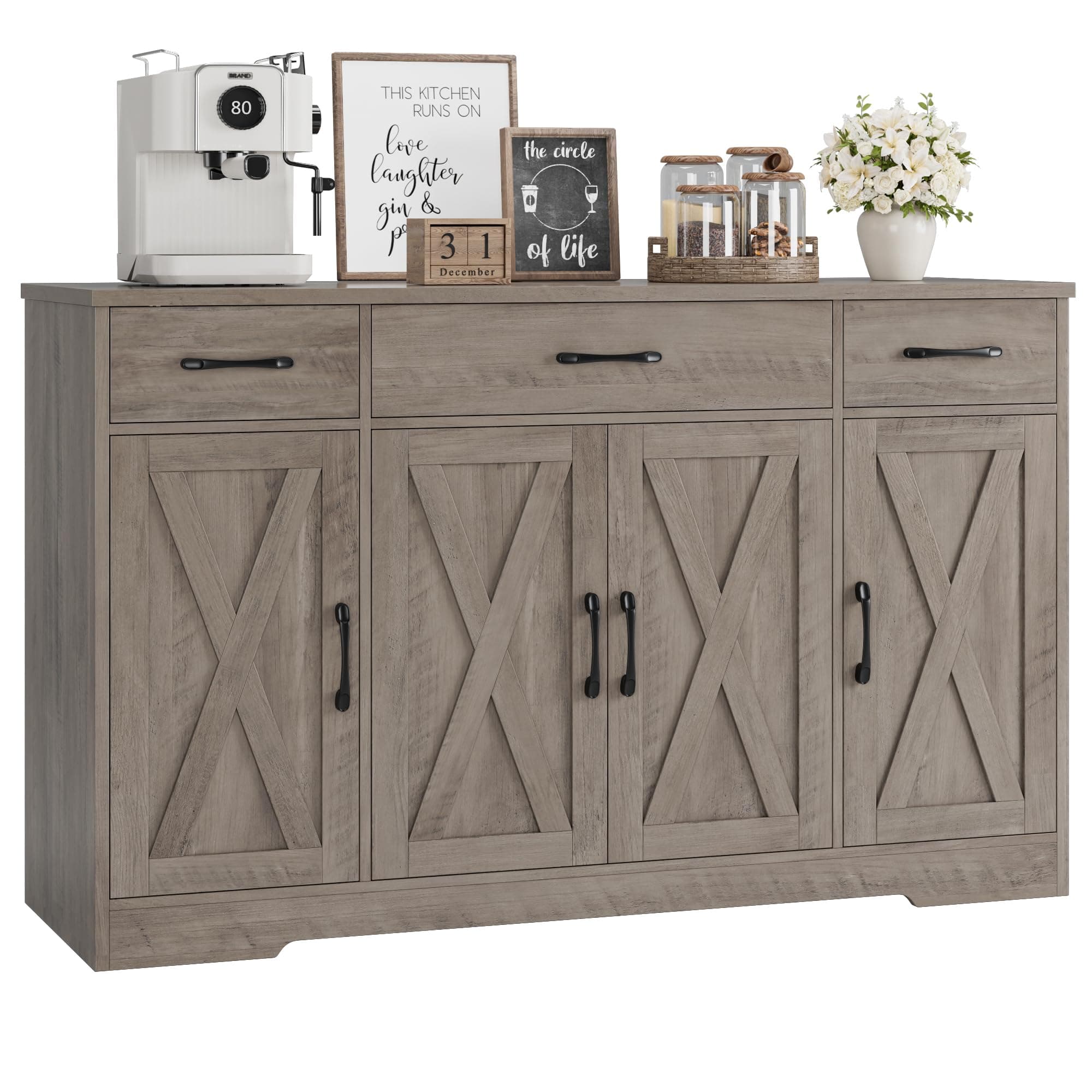 HOSTACK Buffet Sideboard Cabinet with Drawers, 55" Large Buffet Storage Cabinet with Shelves and Doors, Modern Farmhouse Coffee Bar Station for Kitchen, Dining Room, Ash Grey