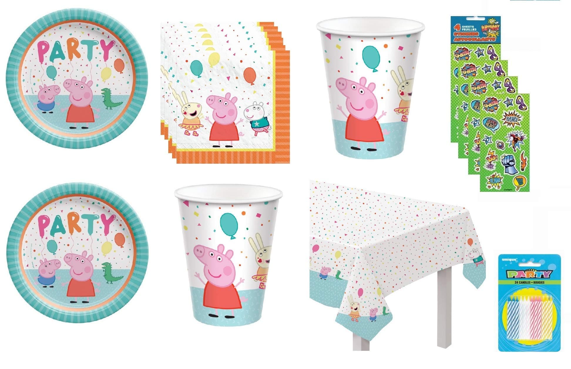 Peppa Pig Birthday Party Supply Bundle Pack Includes Plates, Napkins, Cups, Table Cover, Candles, Stickers for Party of 16