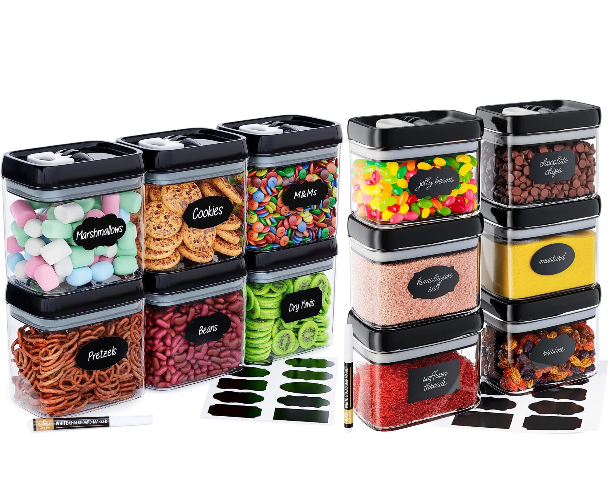 Airtight Food Storage Containers (12 Pack) for Kitchen & Pantry Organization - BPA Free Clear Plastic Containers with Lock Lids for Dry Snacks - Snack Containers with Labels & Marker