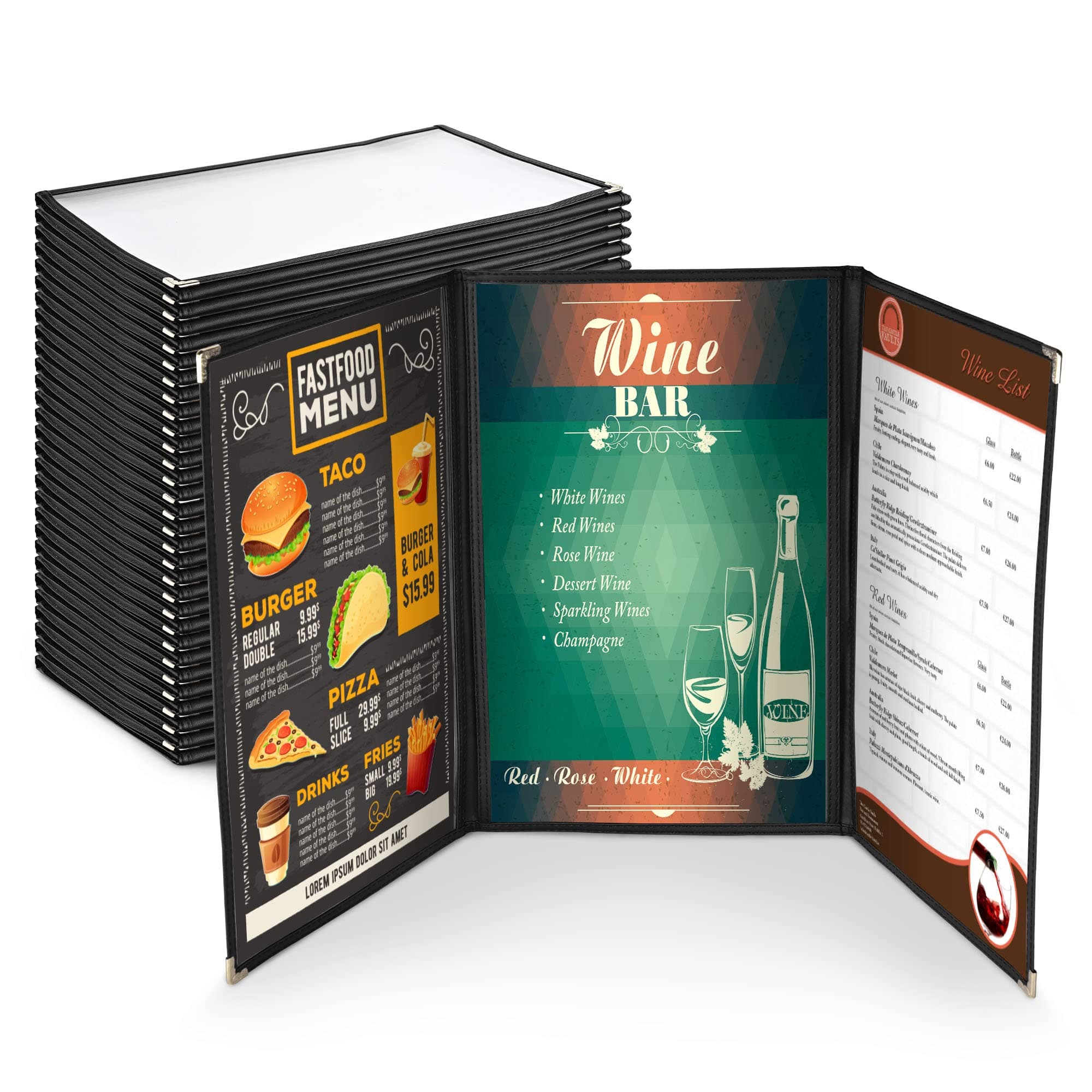 Yescom 30 Pack Triple Fold Menu Covers 8.5"x14" Protective Double Stitch View Black Restaurant Cafe