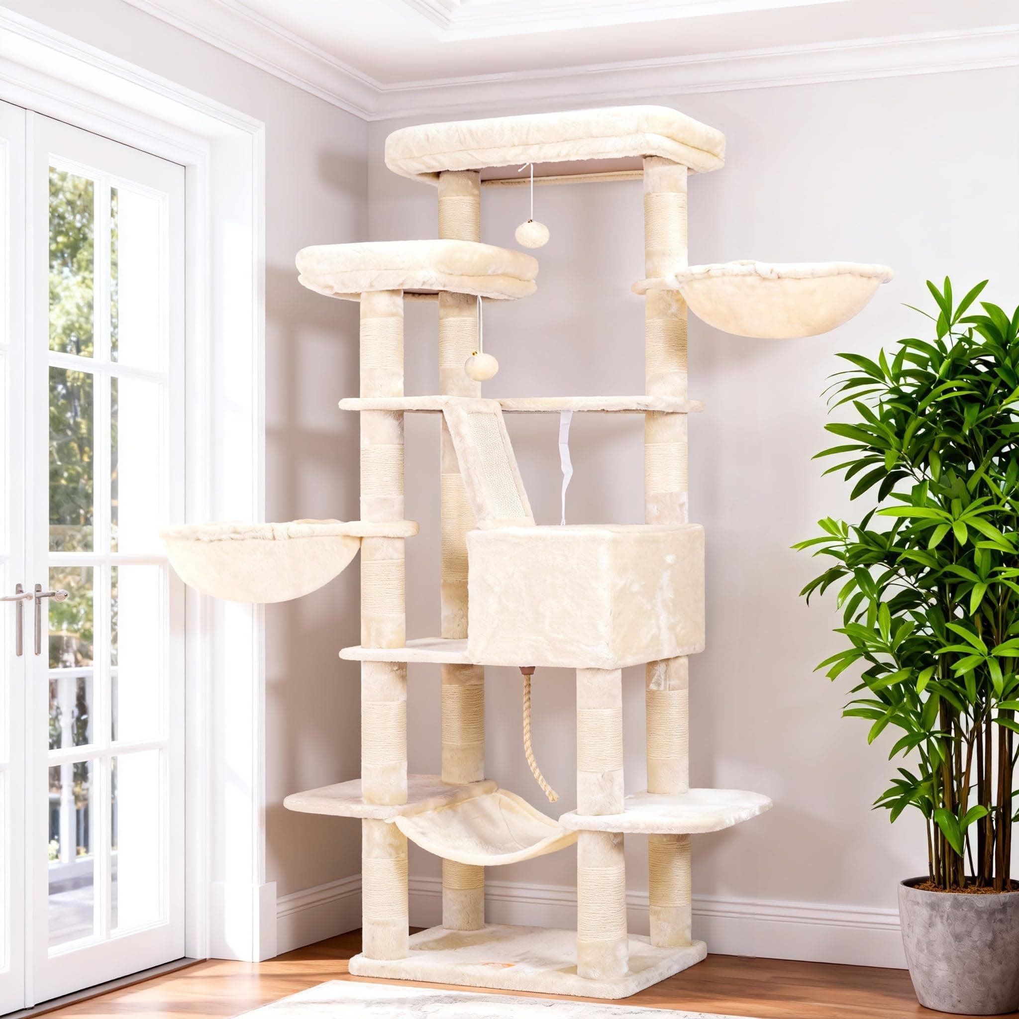 Heybly Cat Tree, 68 inch Multi-Level Cat Tower for Indoor Cats, 2 Widened Plush Perches Cat Condo with Scratching Board and Big Caves, Beige HCT025M