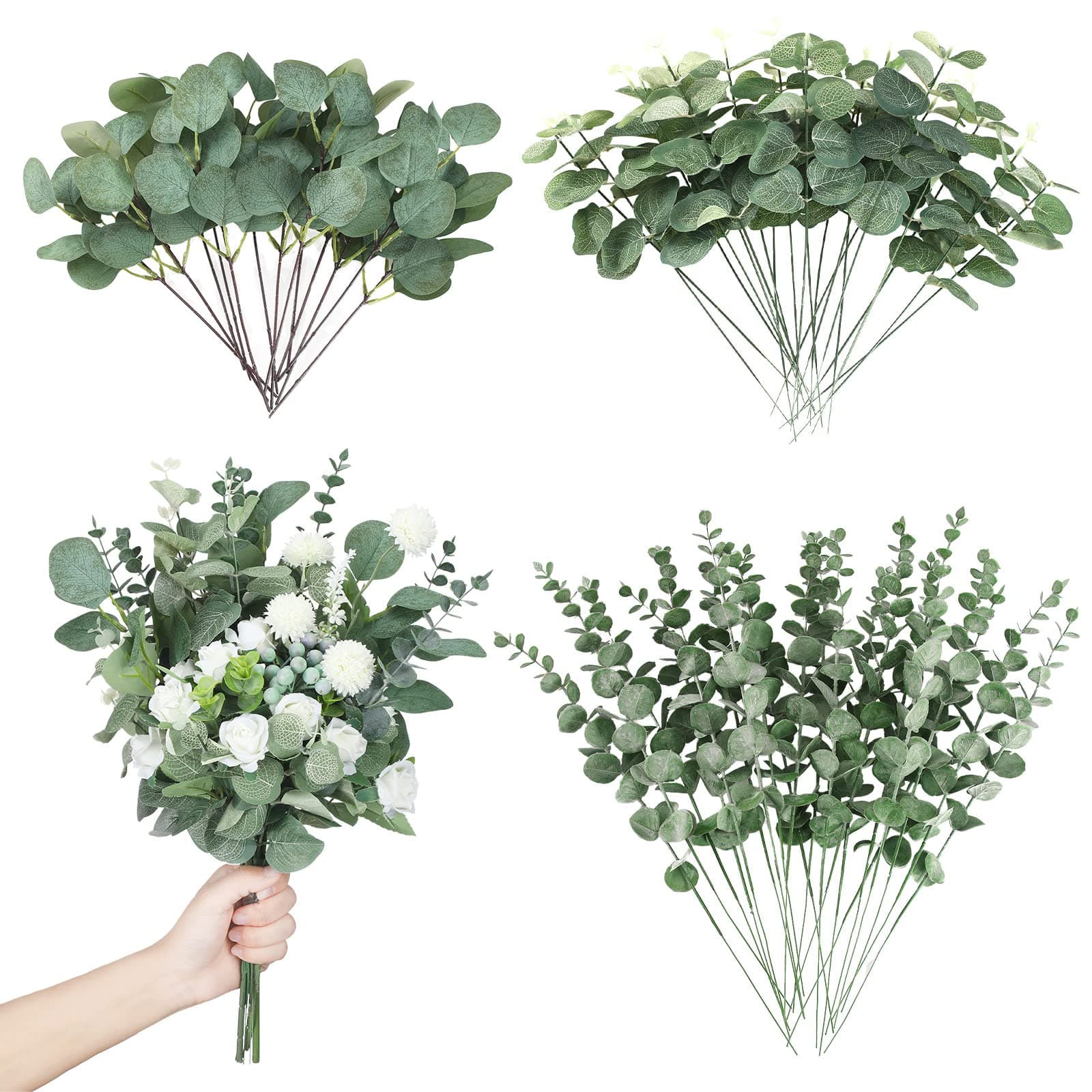 Giegxin 90 Pcs 3 Kinds Mixed Artificial Eucalyptus Leaves Stems Bulk Silver Dollar Leaves Picks Dried Eucalyptus Bundle Faux Spray for Wedding Vase Bouquet Floral Arrangement (Green)