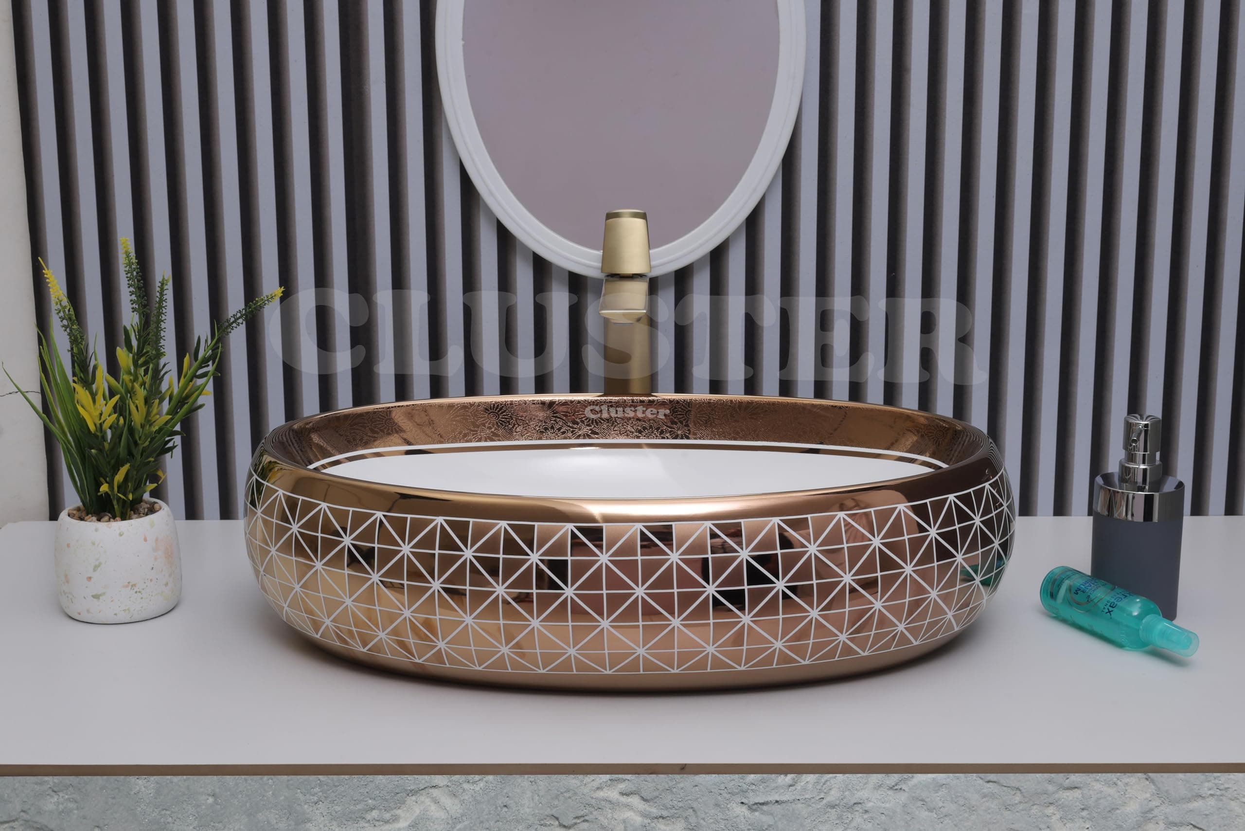 CLUSTER Designer Glossy Ceramic Table Top Wash Basin For Bathroom | Countertop Bathroom Sink For Livingroom, Resturant Decor, Oval Shape (23.6 x 15.7 x 6 inch) (CLTT-539)