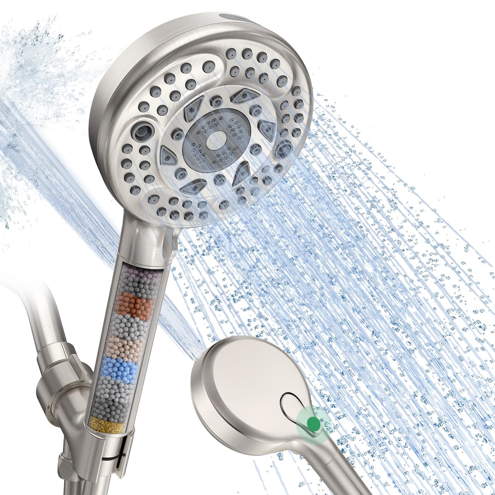 Filtered Shower Head with Handheld, 9-Spray Mode High Pressure Detachable Shower Head with Filters for Hard Water - Remove Chlorine Brushed