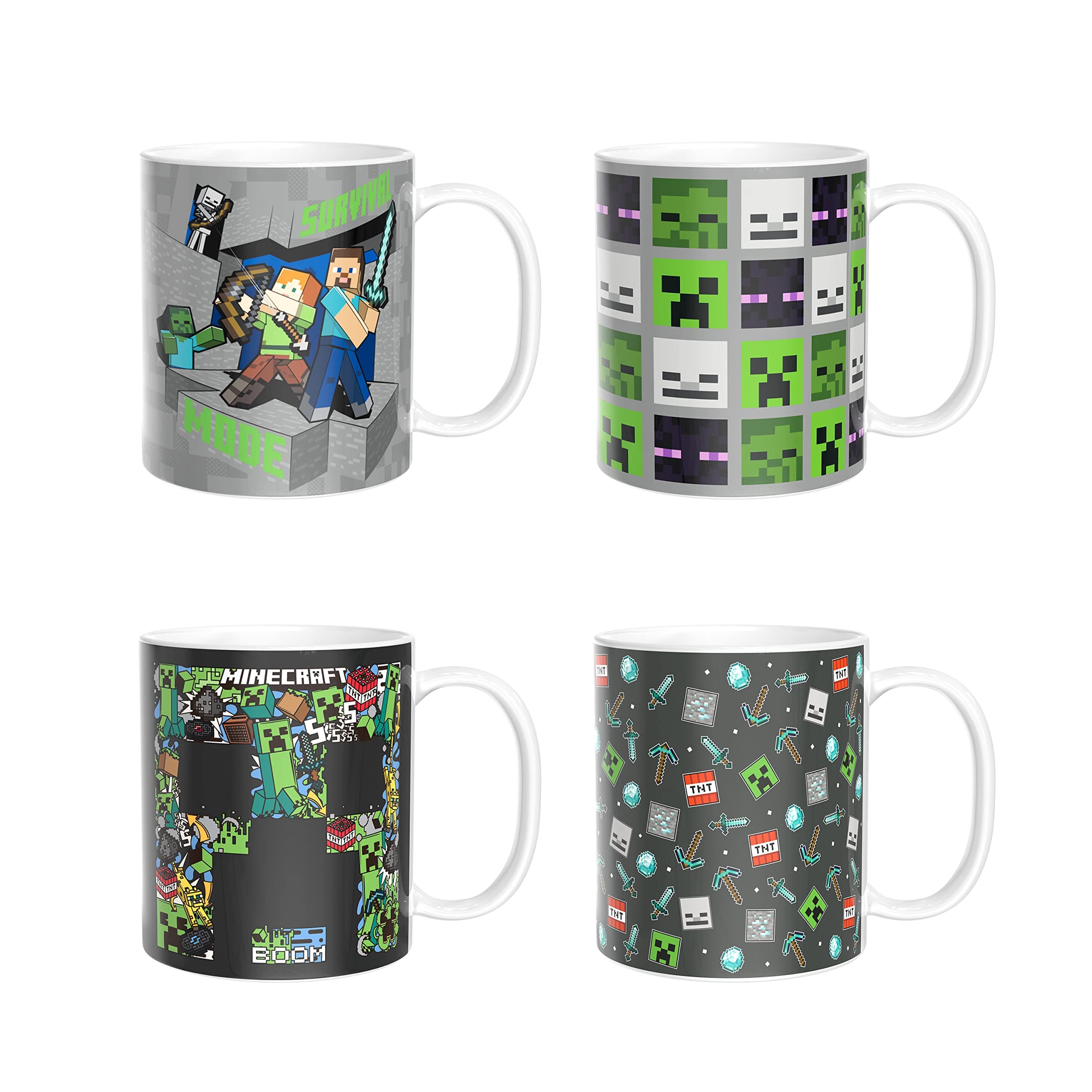 Zak Designs Minecraft Mug Unique Ceramic Coffee Cup Set, Can Coffee Mugs with Comfortable Handle for Gamer Gifts, Dishwasher and Microwave Safe (11.5 oz, 4-Piece Set)