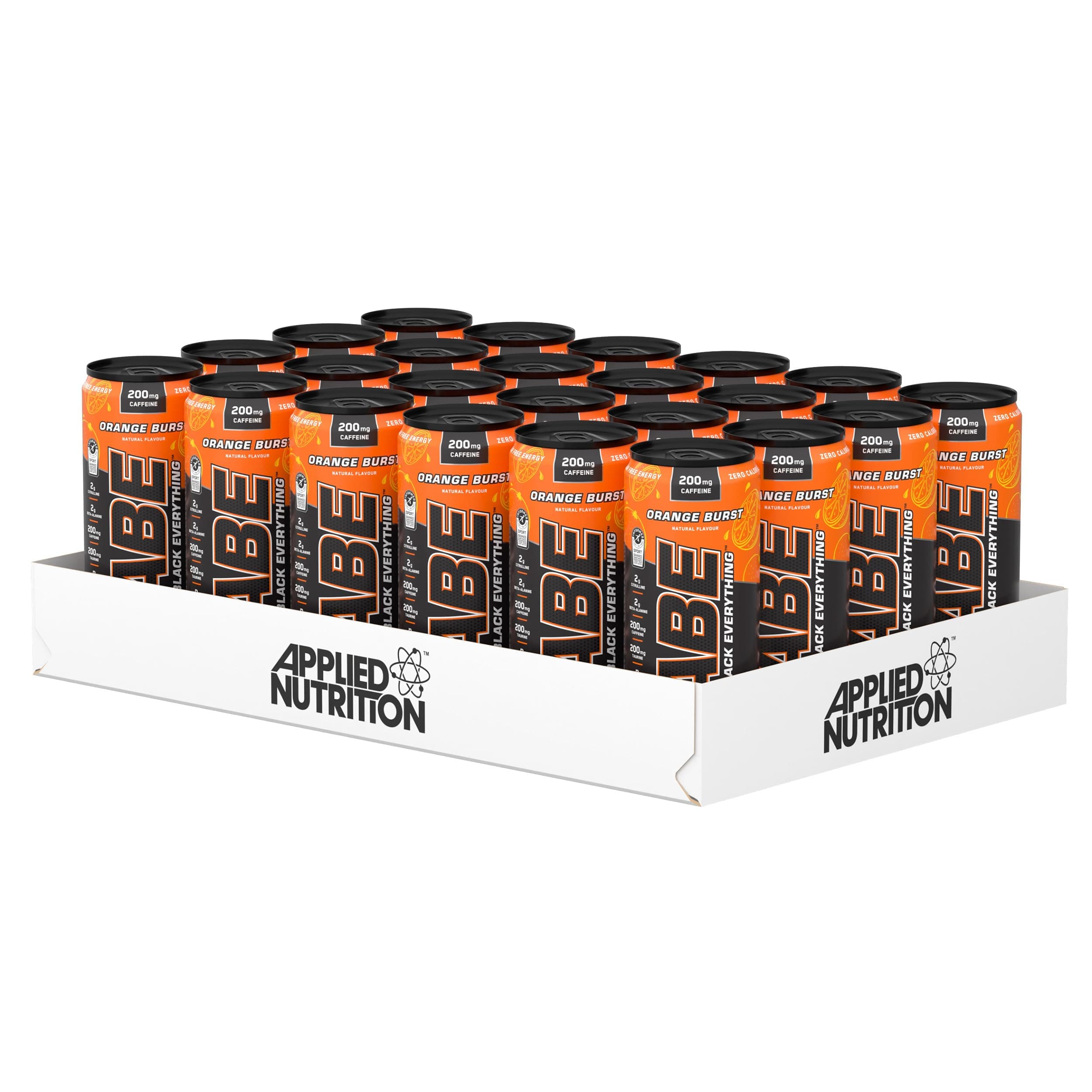 Applied Nutrition ABE Pre Workout Cans - All Black Everything Energy + Performance Drink, ABE Carbonated Beverage Sugar Free with Caffeine (Pack of 24 Cans x 330ml) (Orange Burst)