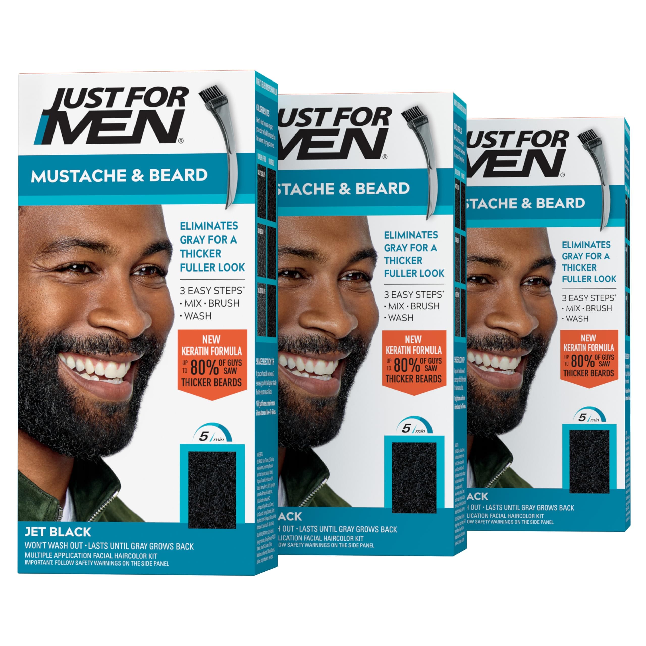 Mustache & Beard, Beard Dye for Men with Brush Included for Easy Application, With Biotin Aloe and Coconut Oil for Healthy Facial Hair - Jet Black, M-60, Pack of 3