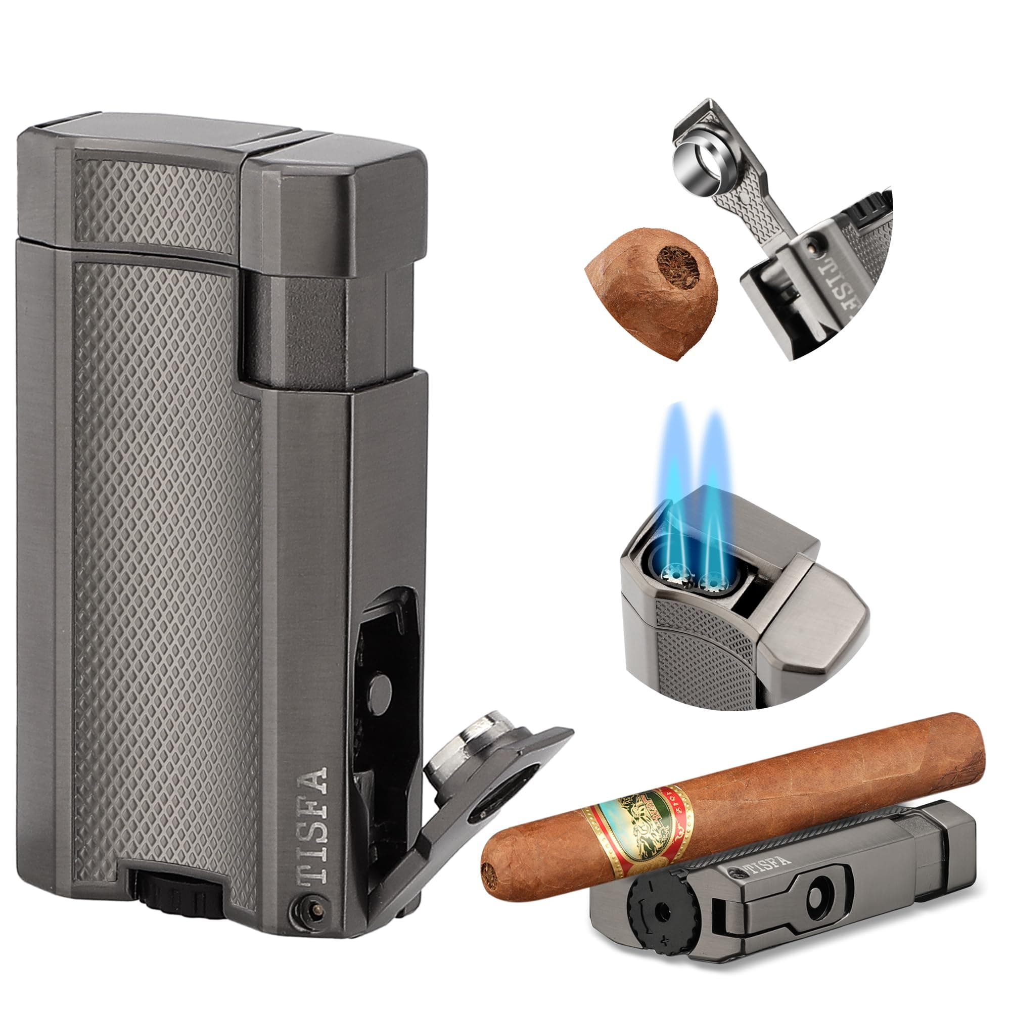 TISFA Torch Lighter Double Jet Flame Cigar Lighter with Cigar Punch and Cigar Stand, Refillable Windproof Butane Lighters, Adjustable Pocket Cool Lighters for Smoking (Grey)