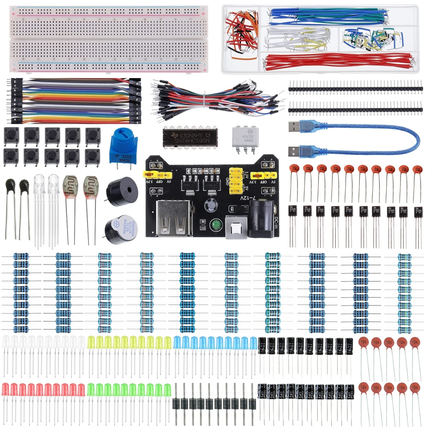 BOJACK 37 Values 480 Pieces Electronic Component Entertainment Kit Power Supply Module, Jumper Wire, Precision Potentiometer, Compatible with Breadboard STM32, Raspberry Pi, Arduino