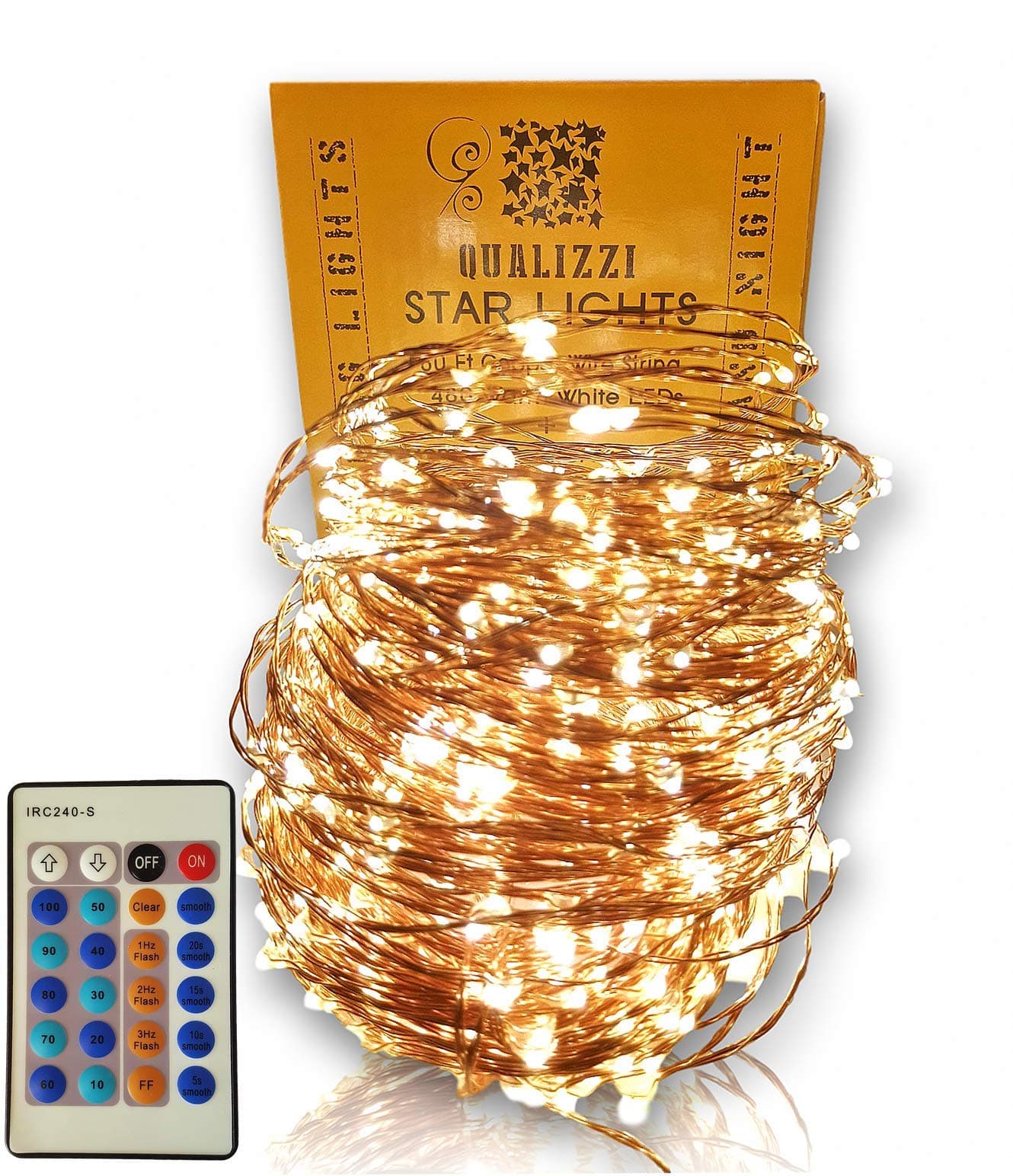 QUALIZZI Starry Lights with Remote Control/Dimmable (80Ft/480LEDs). Very Pretty Bright Fairy Light Effects on LED Copper Wire String Lightings. Enjoy Magic Decorative Garlands All Year Around