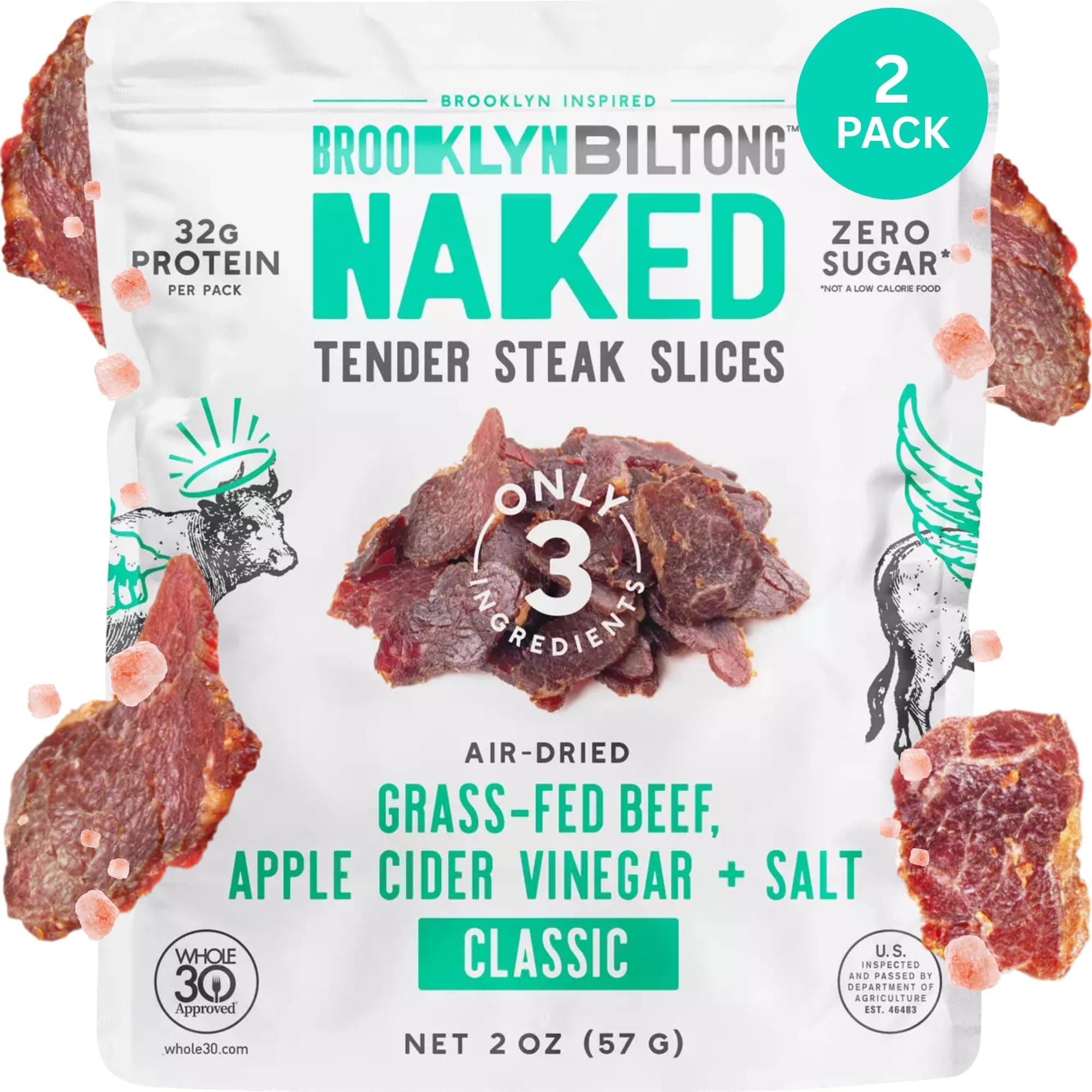 Naked Tender Slices, Classic (2 oz, Pack of 2), Grass Fed Beef Protein Snacks, 32g Grass Fed Protein Per Pack, Beef Jerky Alternative – Sugar Free, Gluten Free, Paleo Snacks, Keto Snacks, Whole 30, AIP