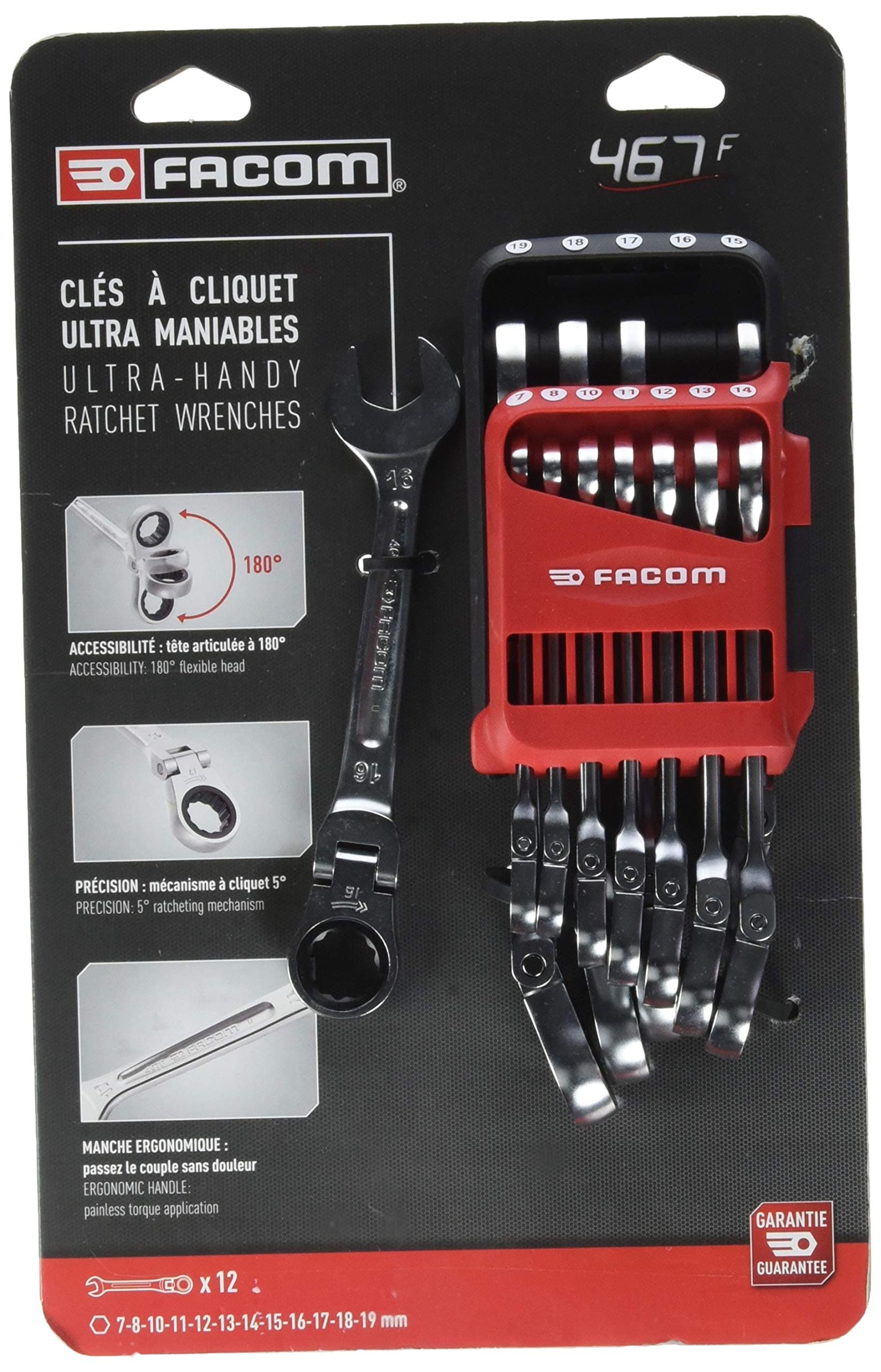 Facom467BF.JP12 Combination Spanner Set with Hinged Ratchet Metric on Portable Case, Silver, Set of 12