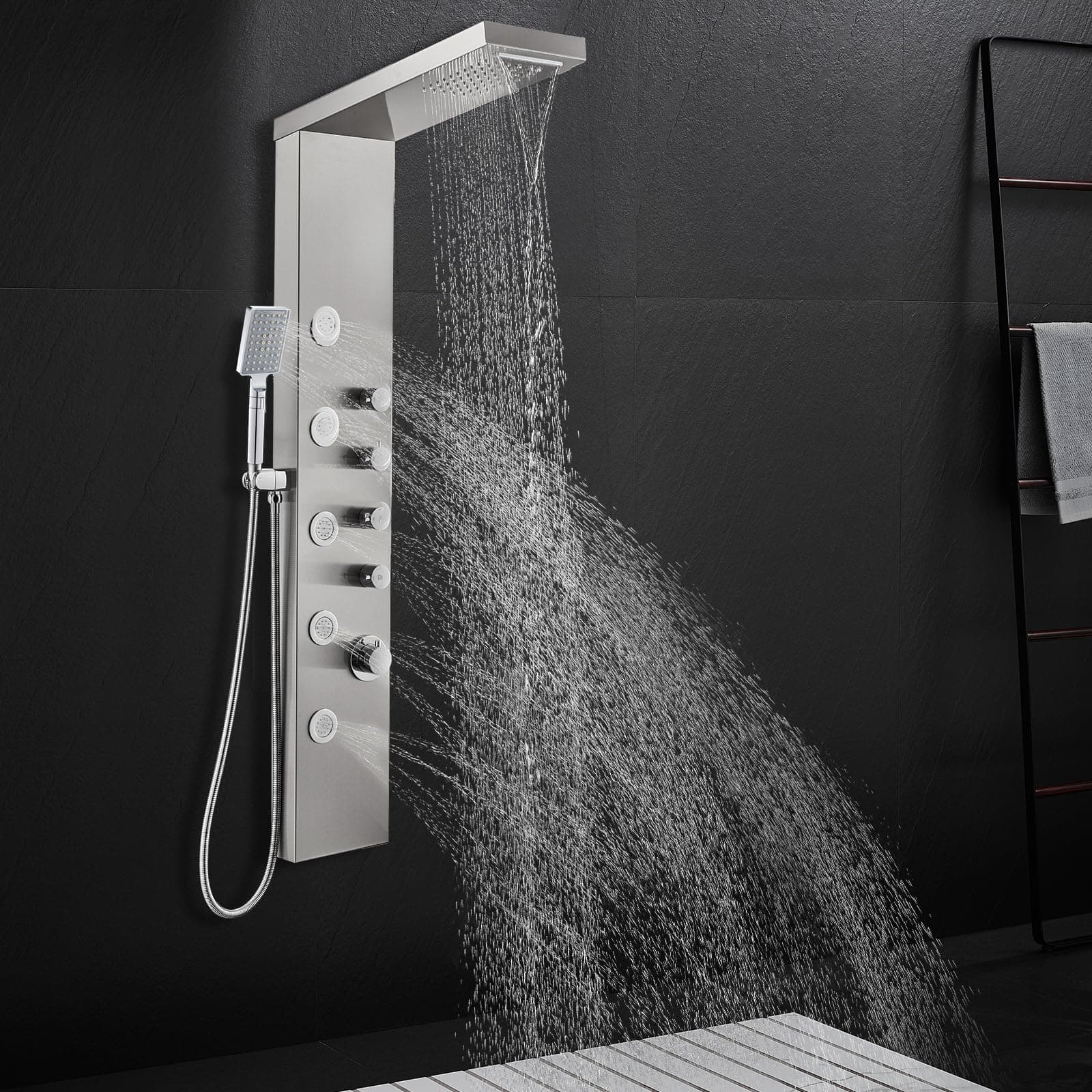 Rainfall Waterfall Shower Head Shower Panel System, Stainless Steel Bathroom Shower Panel Tower with 5 Body Sprays and 3 Sets Handheld Shower, Shower Column Wall Mount, Delicate Brushed Finish