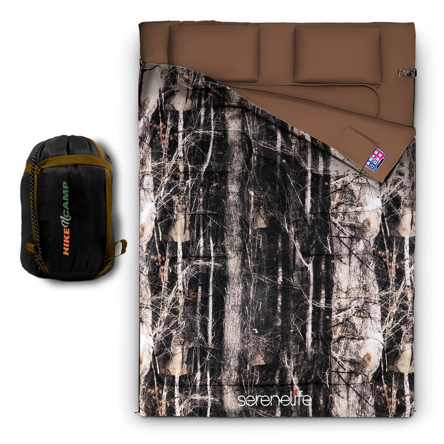 Double Sleeping Bag with Pillows, Waterproof & Detachable for 2 Single Bags, Lightweight & Warm, Perfect for Camping, Hiking, Backpacking, and Cold Weather, Suitable for Temperatures 5-10°F