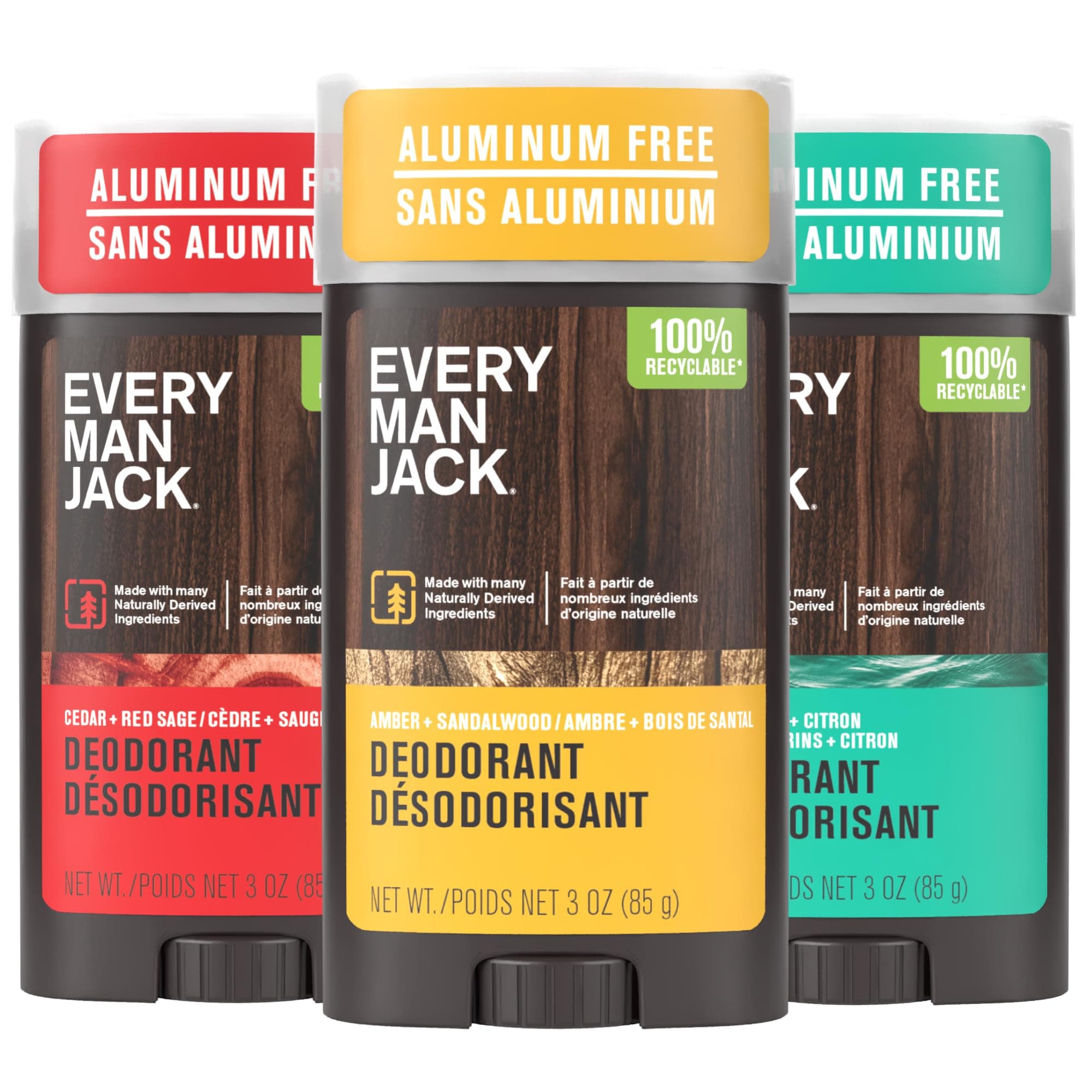 Men's Deodorant Variety Set - Three Full-Sized Deodorant Sticks with Clean Ingredients & Incredible Scents - Cedar + Red Sage, Amber + Sandalwood, Sea Mineral + Citron - 3 oz - 3 Pack