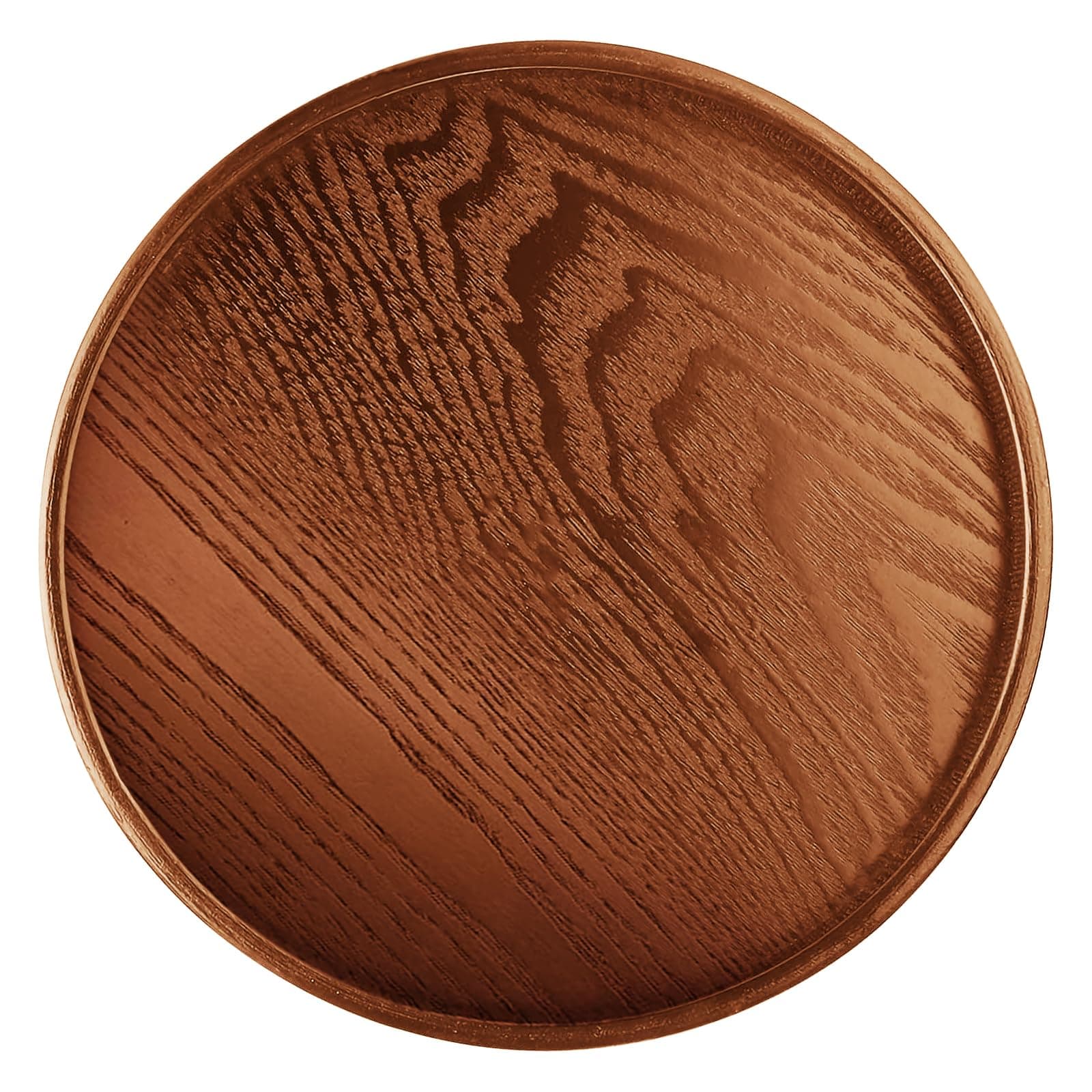 Round Solid Wood Serving Tray Brown, Decorative Wooden Serving Plate for Tea Coffee Snack Food Meals, 30CM Ottoman Breakfast Tray with Raised Edge for Bathroom Kitchen Home Party Bar Decor Restaurant