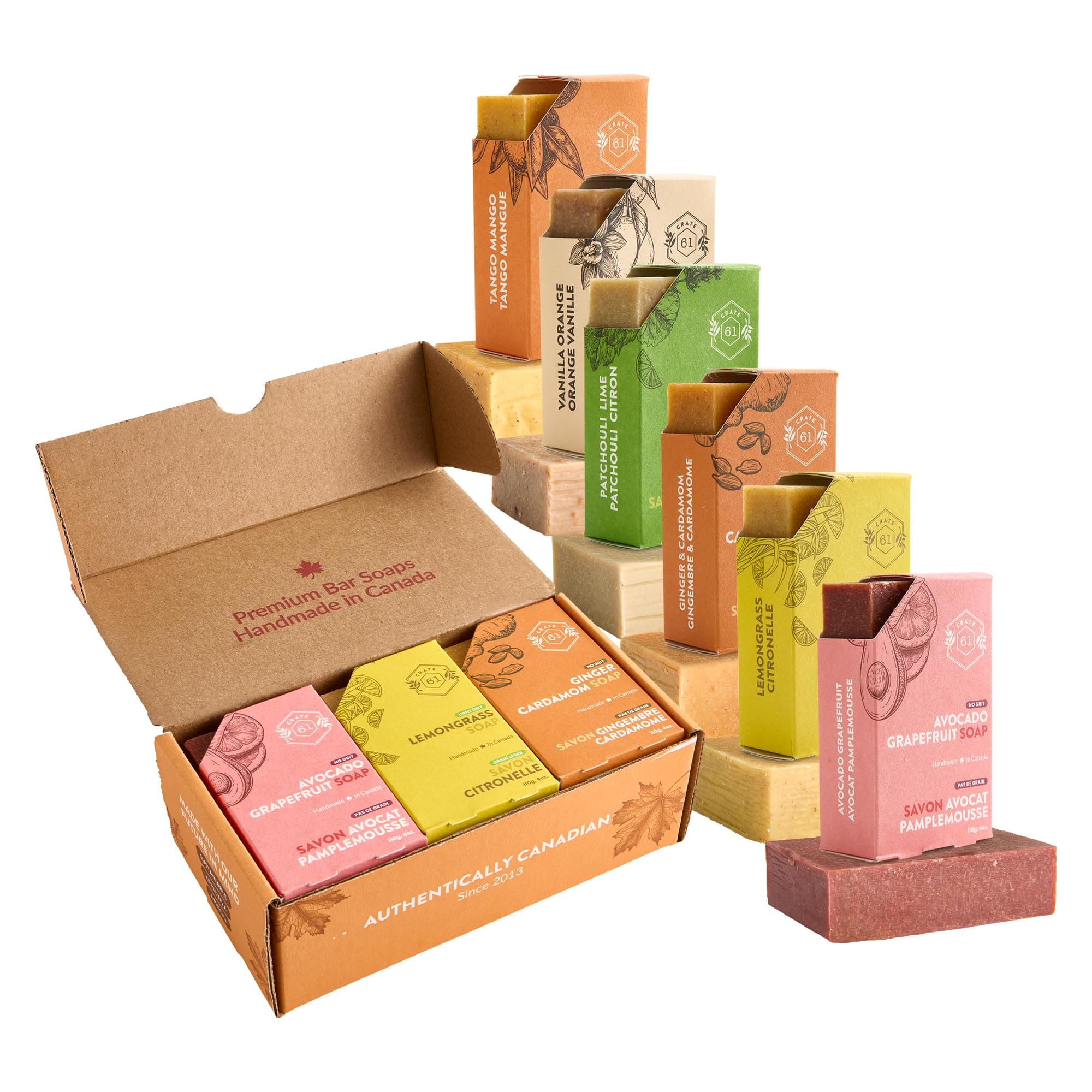 crate 61 citrus soap 6-pack box set, 100% vegan cold process bar soap, scented with premium essential oils and natural flavors, for men and women, face and body.