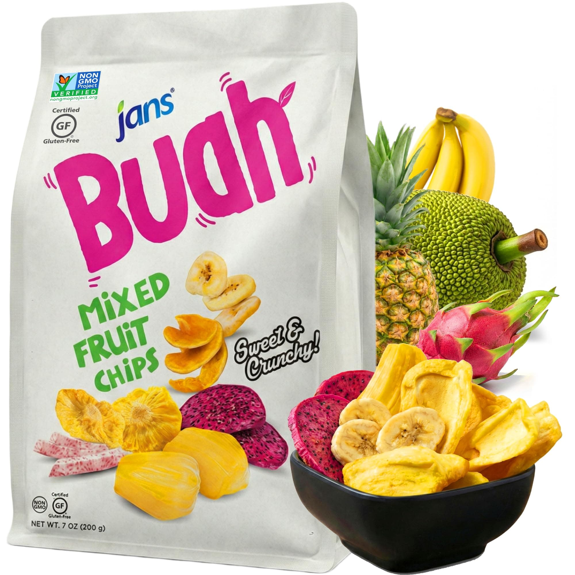 Jans Buah Mixed Fruit Chips, 7 Oz — Tropical Mix of Red Dragonfruit, Pineapple, Banana, Jackfruit, Taro, Pumpkin Chips - Deliciously Sweet & Crunchy Mixed Chips Snacks, Non-GMO, Gluten Free, Vegan