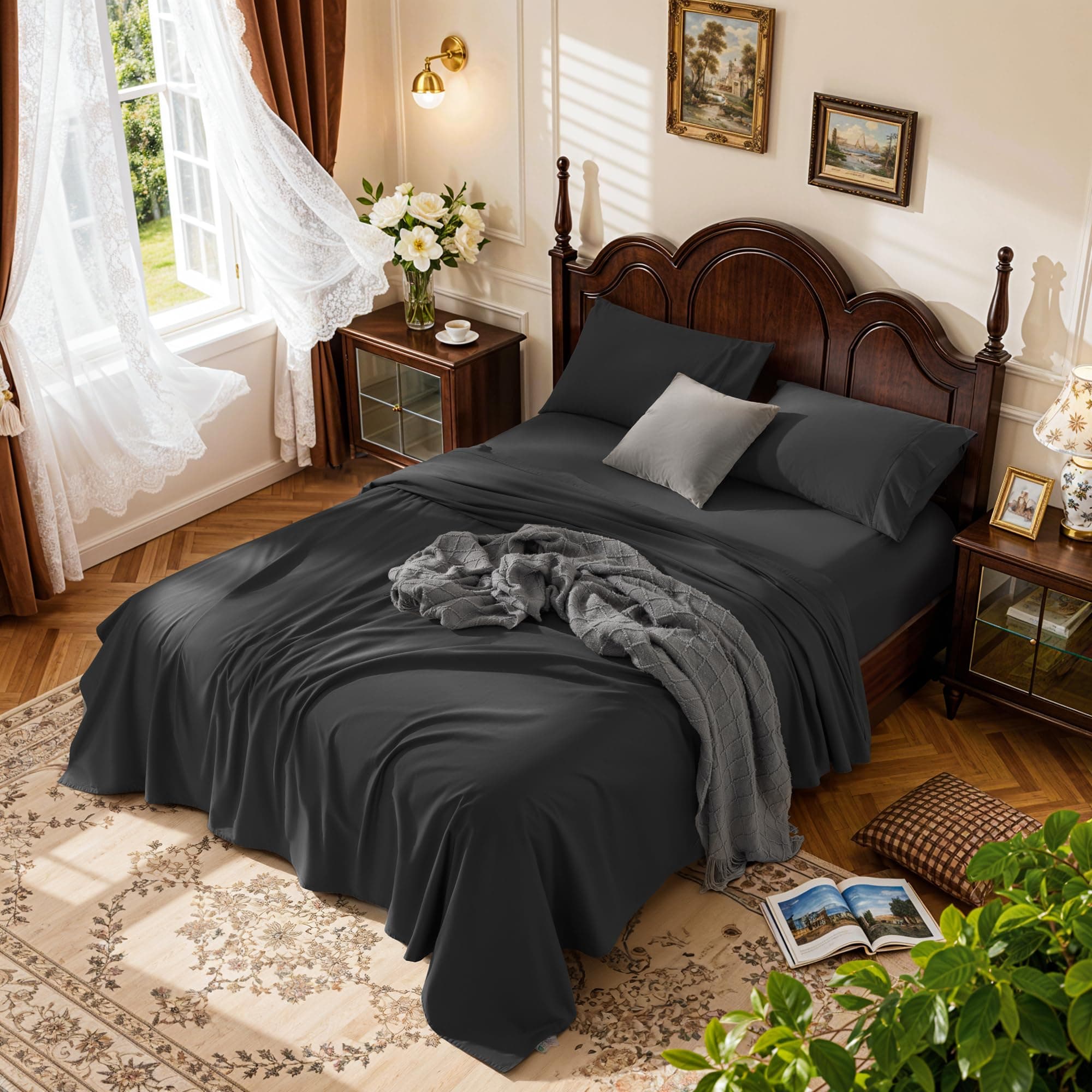 LBRO2M 1000 Thread Count 100% Egyptian Cotton Sheets Set,Queen Size Bed Sheet 4 Piece Sets,Long Staple,16 Inches Deep Pocket,All Season,Bedding Super Soft Comforterble Breathable,Sateen Weave (Black)