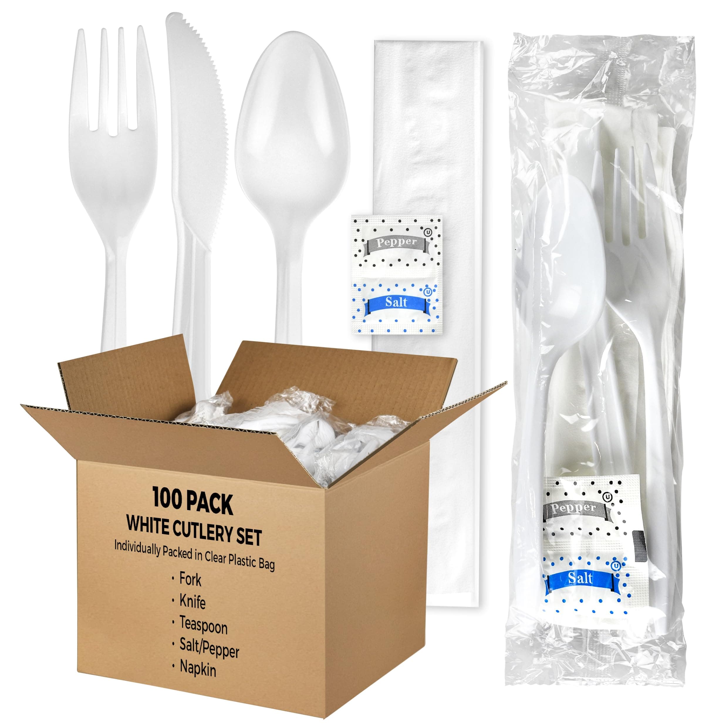 100 Pack Medium Weight Wrapped white Plastic Cutlery Pack with Napkin and Salt/Pepper Packets (White)